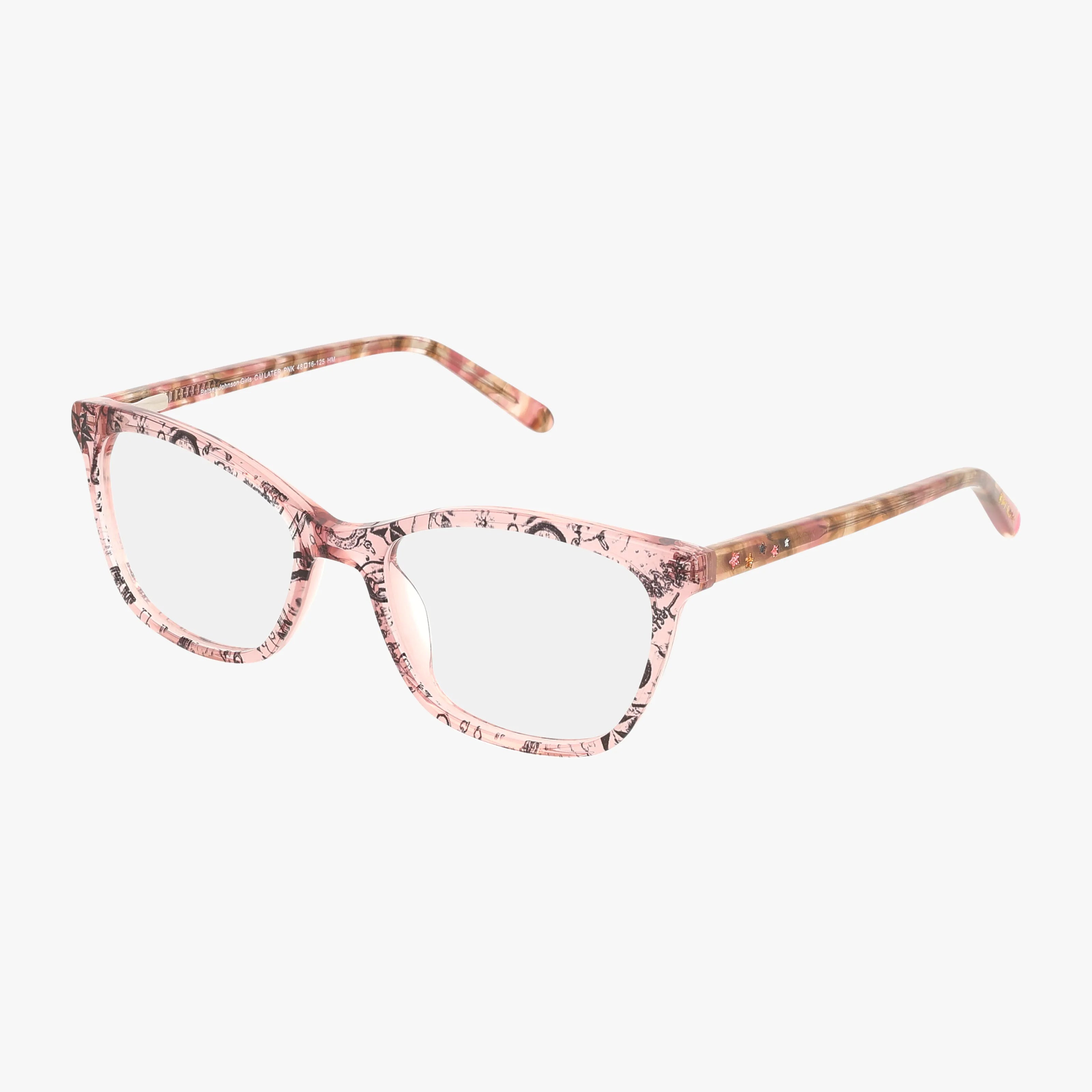 C U LATER features pink eyeglasses with a marbled black pattern, rectangular frames, and clear progressive lenses for stylish functionality, shown on a white background.