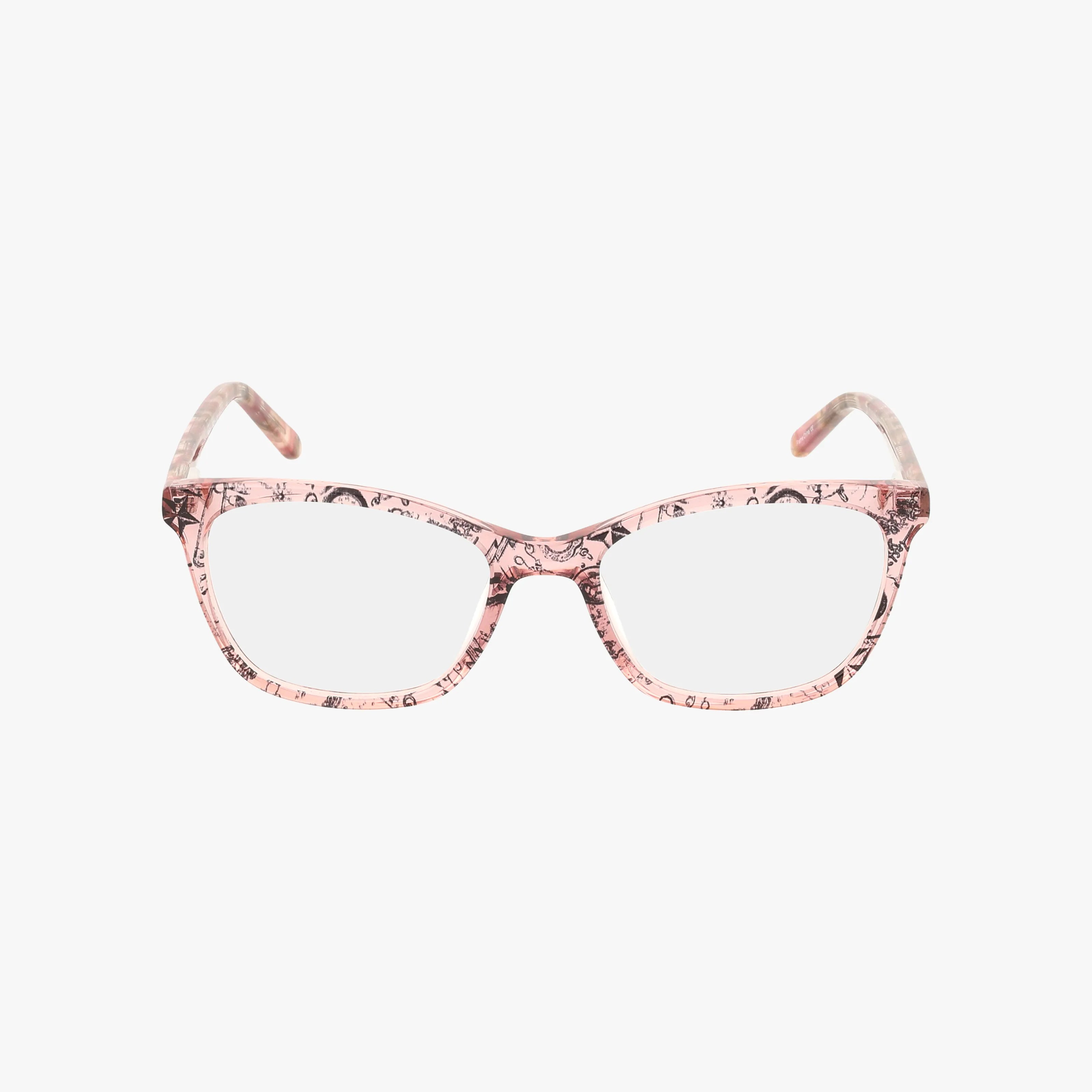 The C U LATER features pink eyeglass frames with a subtle black pattern on the frames and temples, progressive lenses, and a bold style, displayed on a white background.