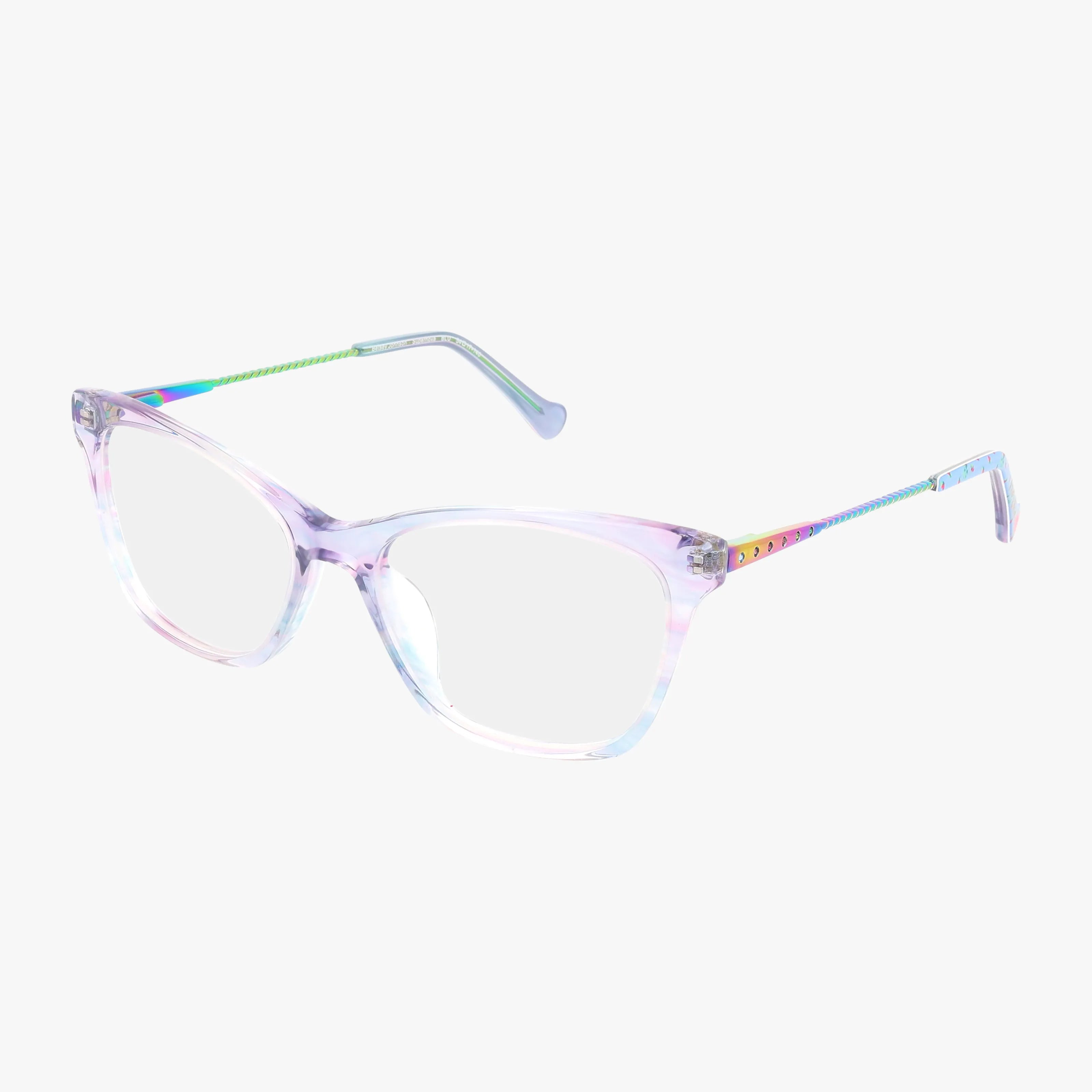 The SUPERNOVA features translucent pastel cat-eye frames with a subtle iridescent finish—lightweight and versatile eyewear, showcased against a plain white background.