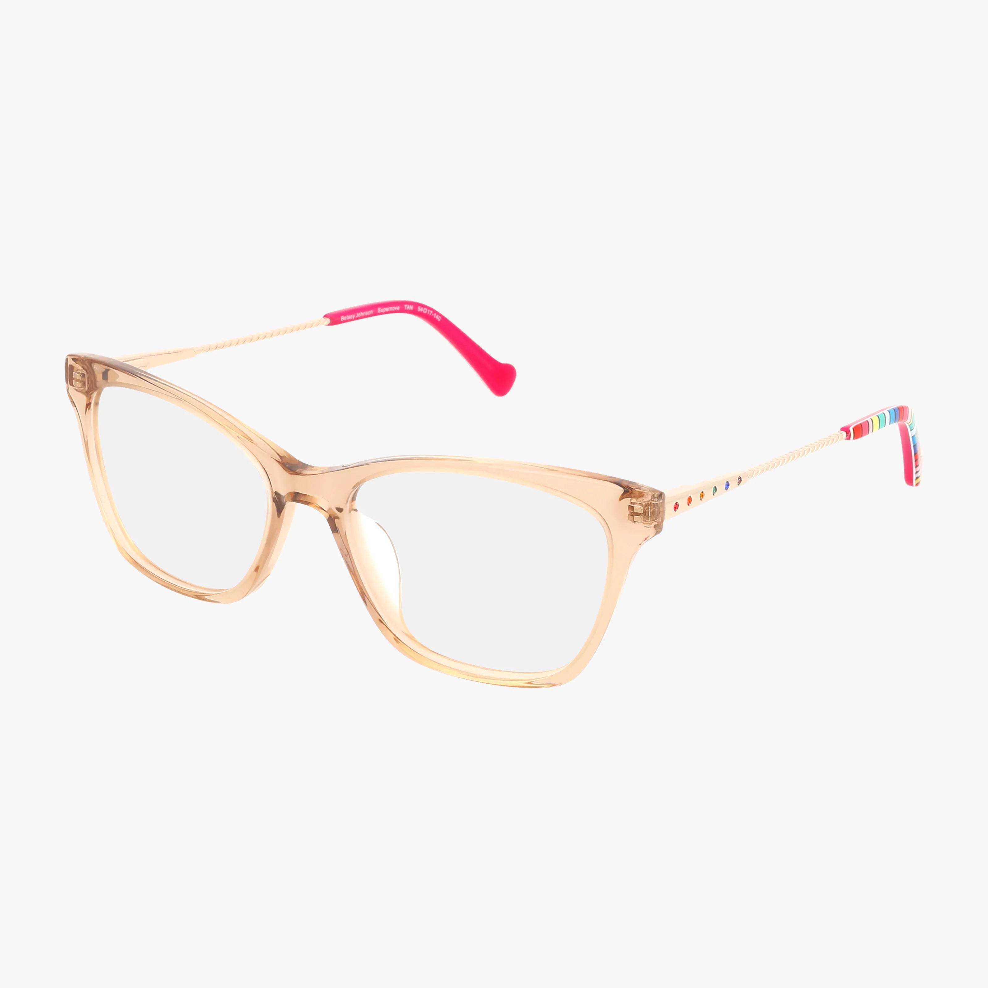 SUPERNOVA eyeglasses feature a lightweight frame with transparent beige square fronts, gold arms, pink tips, and colorful striped accents by the hinges. Set against a plain white background.