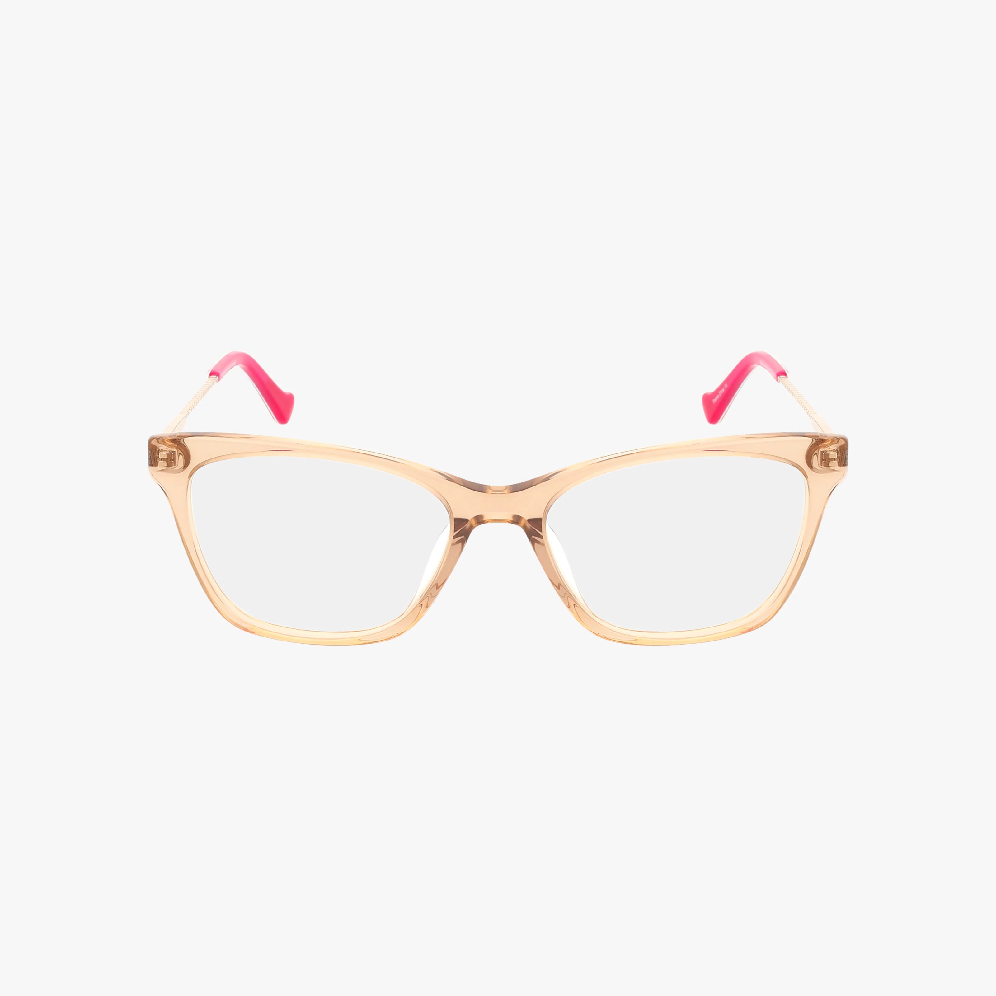 SUPERNOVA clear eyeglasses feature oversized light brown frames and temples with bright pink tips, combining style and comfort. Versatile eyewear displayed on a white background.