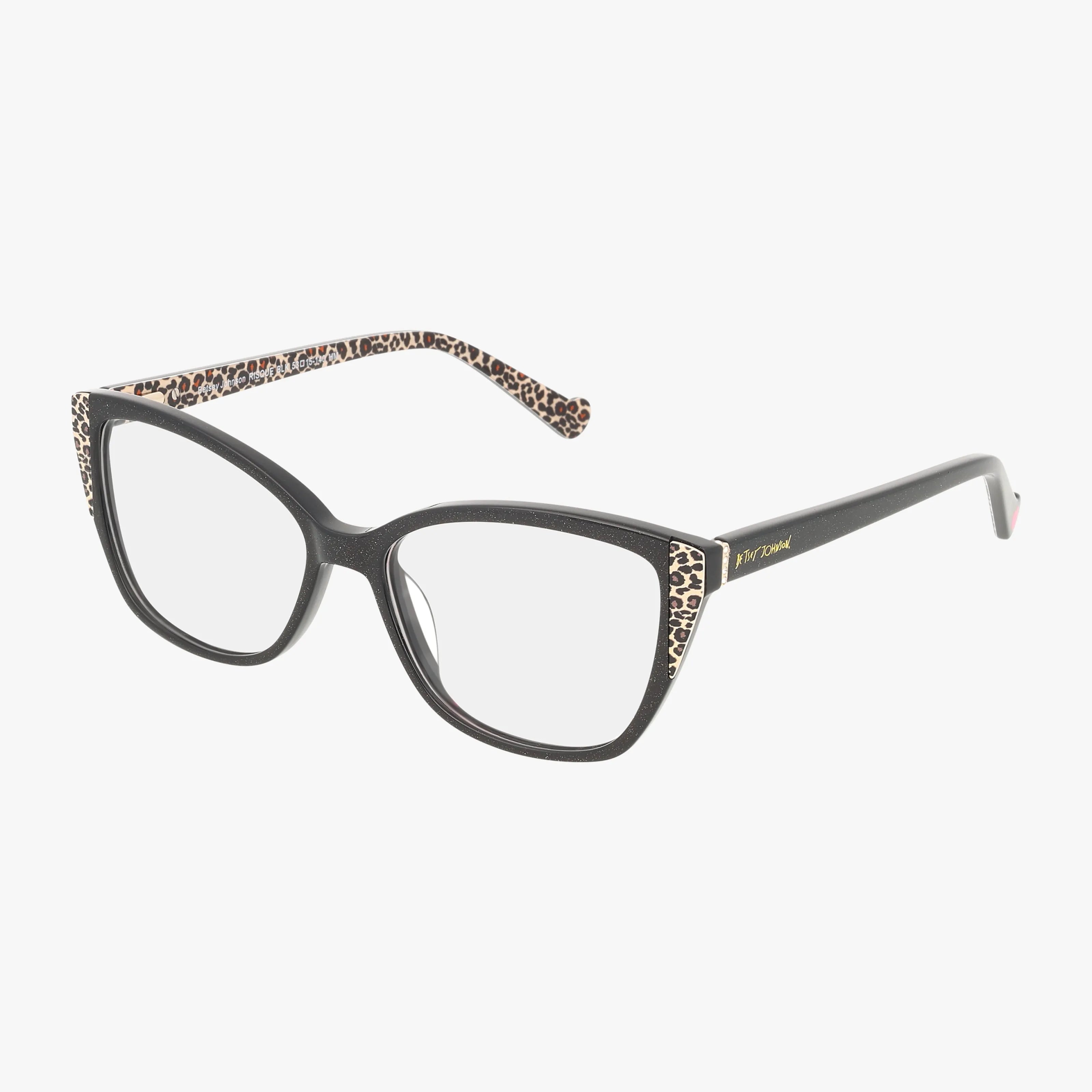 RISQUE: Black rectangular eyeglasses with leopard print accents on the edges and inner arms, featuring a durable frame. Stylish eyewear displayed against a white background.
