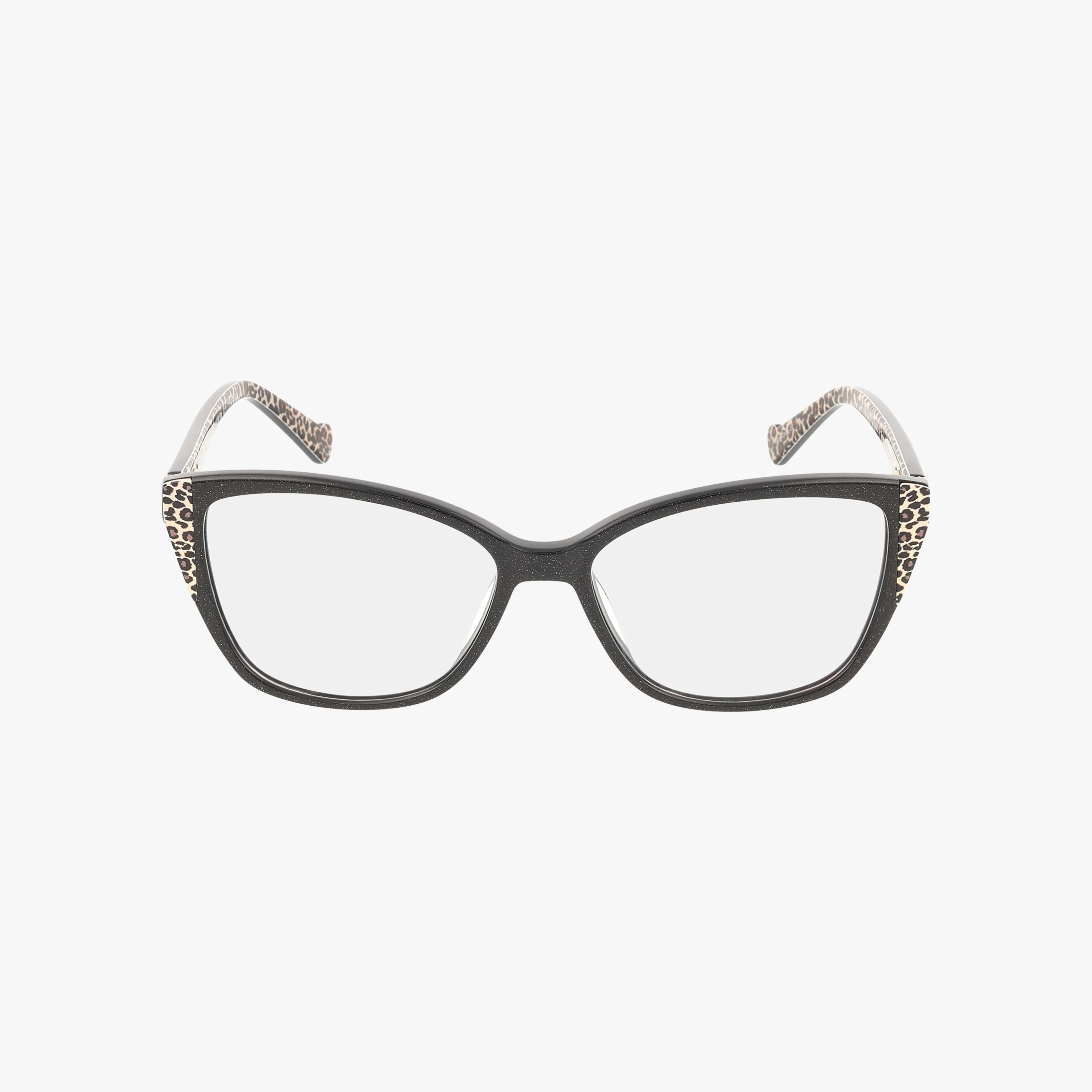 RISQUE cat-eye eyeglasses with blue light lenses, clear durable frames, and leopard print accents on the edges and temple arms—stylish eyewear showcased on a white background.