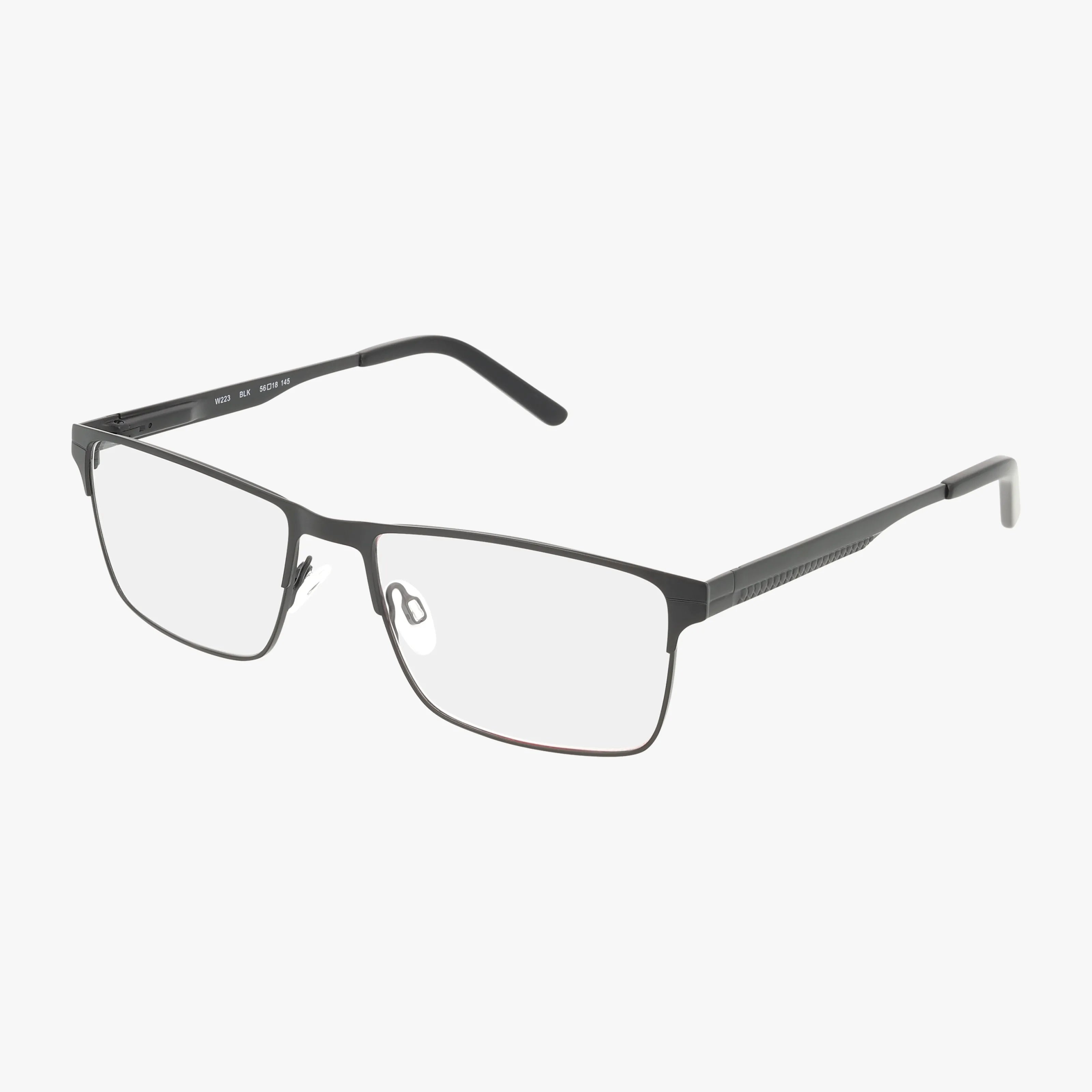 The W223 is a pair of rectangular black metal eyeglasses with clear lenses, featuring a lightweight minimalist frame, slim arms, and adjustable nose pads, shown on a white background.