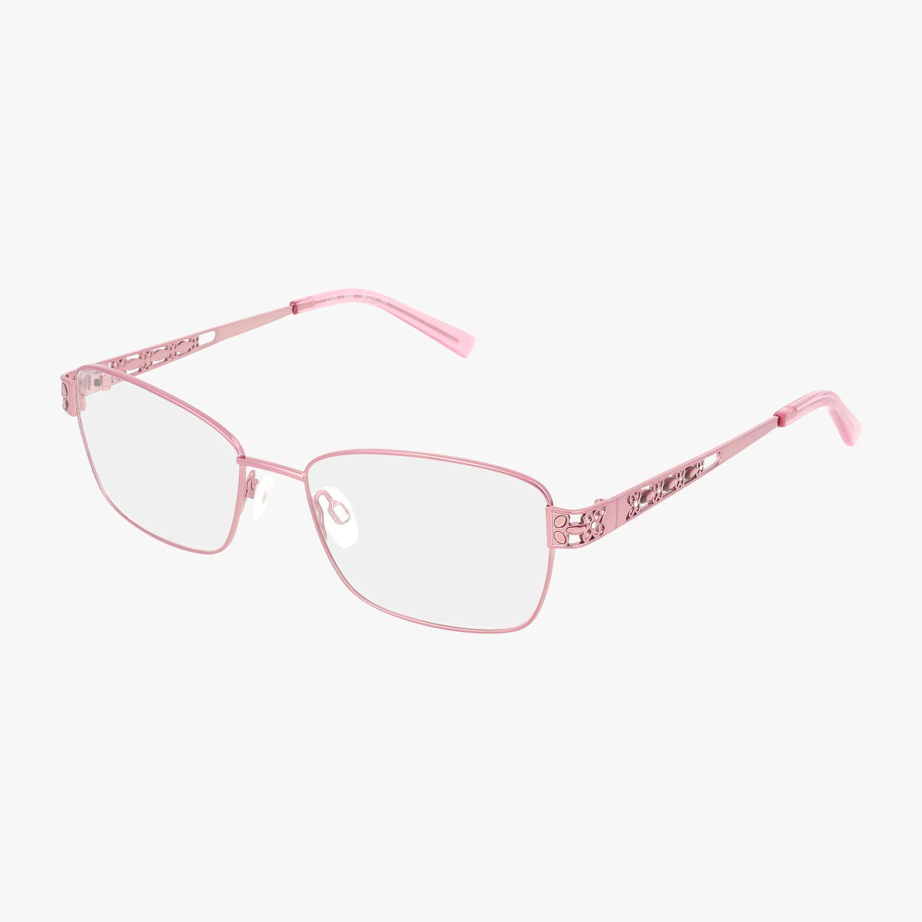 The L143 eyeglasses feature thin, rectangular pink metal frames with decorative temples and matching pink plastic earpieces. Available with clear or prescription lenses, this stylish frame is a versatile eyewear option.