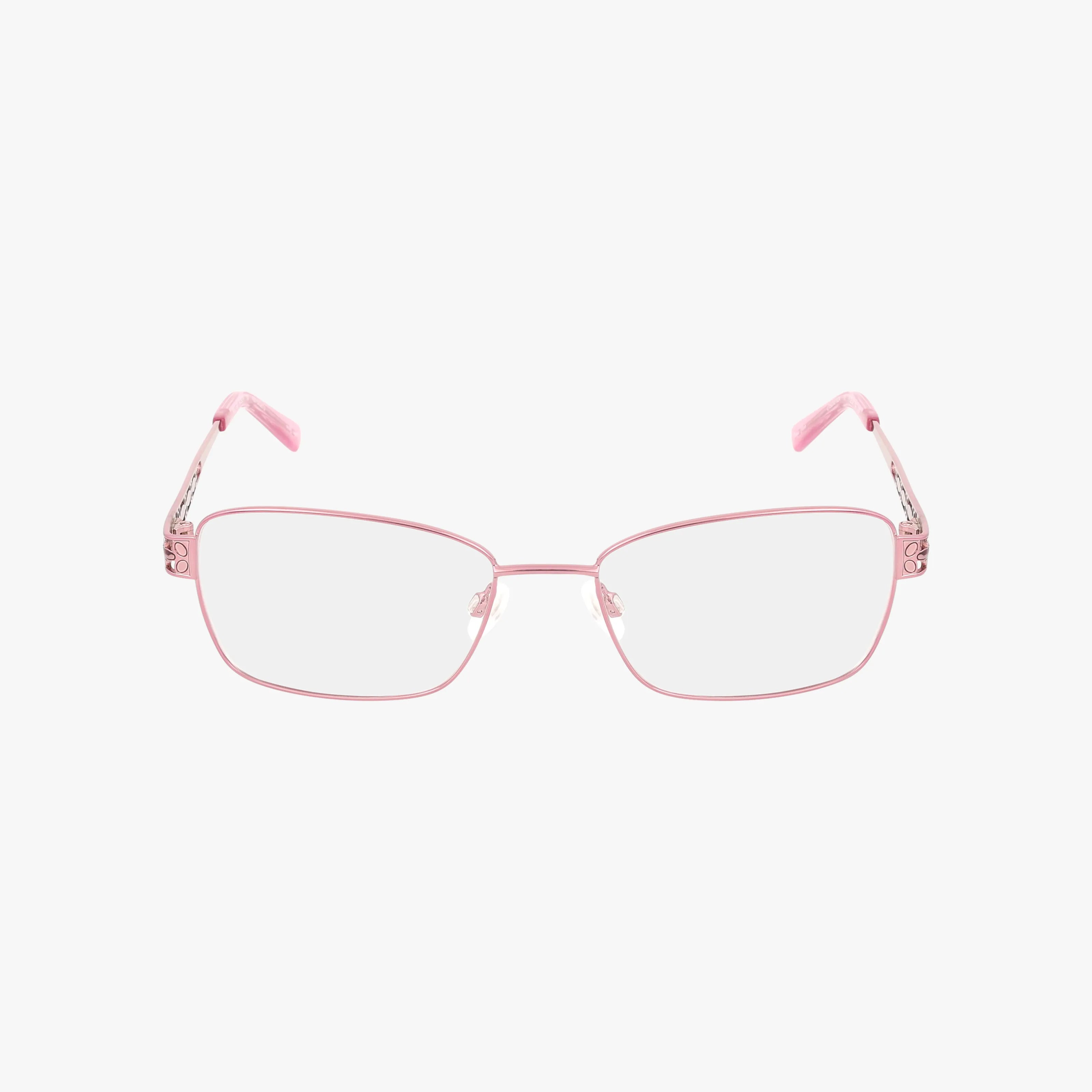 The L143 eyeglasses feature thin pink rectangular frames and clear prescription lenses, with matching pink temples accented by subtle decorative details, all showcased against a plain white background for a stylish look.