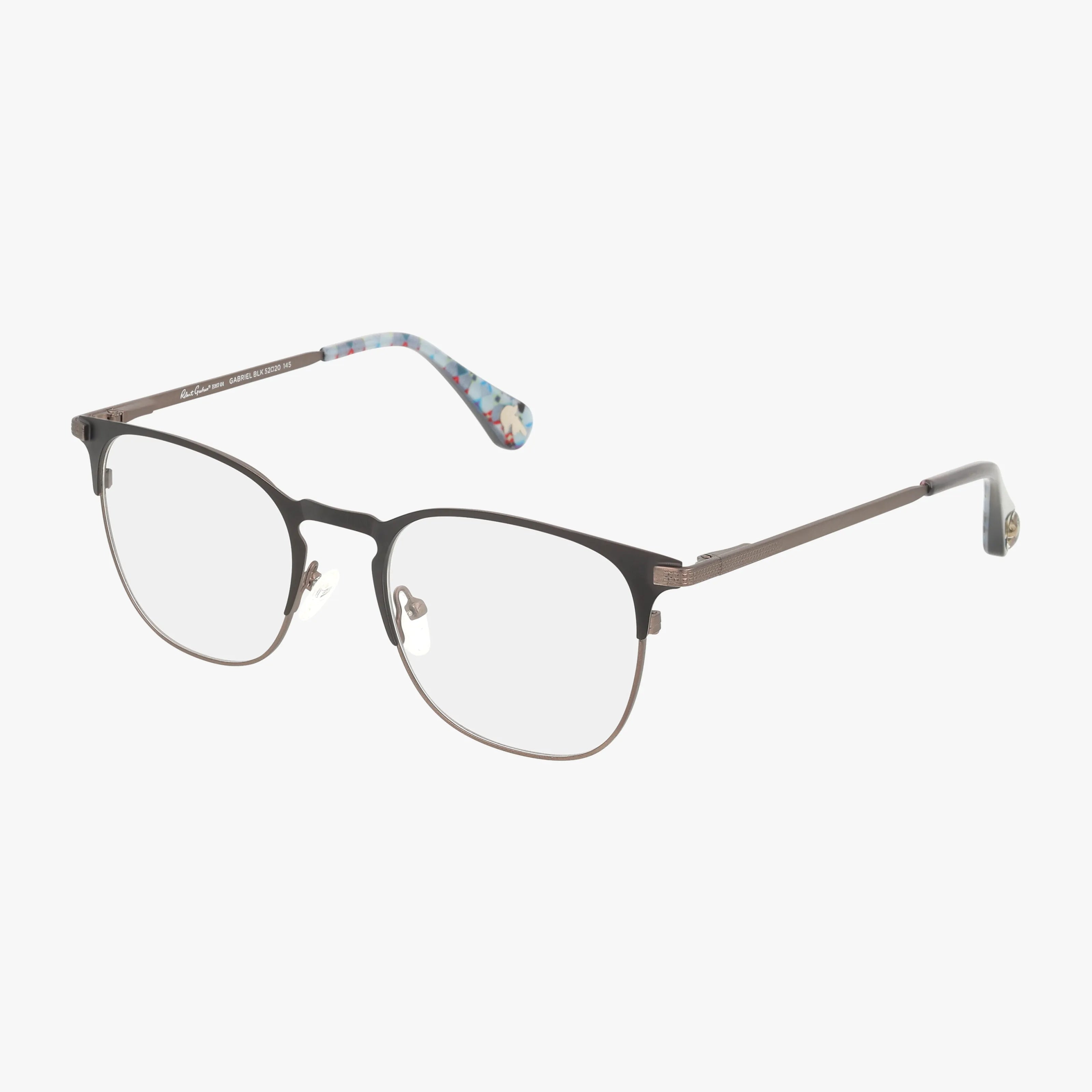 The GABRIEL features brown metal rectangular frames with clear lenses, lightweight construction, and colorful mosaic-patterned temple tips. Set against a plain white background, these modern eyeglasses are a stylish choice.