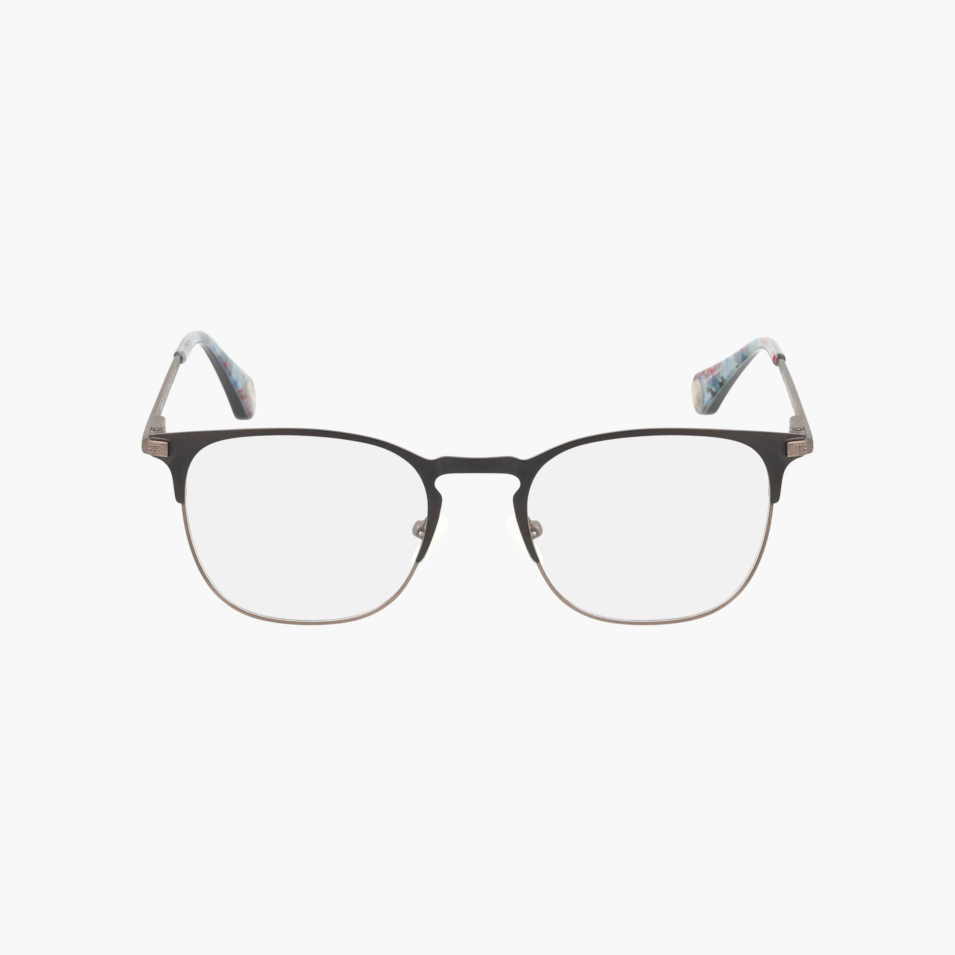 The GABRIEL eyeglasses feature a lightweight, thin dark metal rectangular frame with colorful marbled temple tips, displayed on a plain white background.