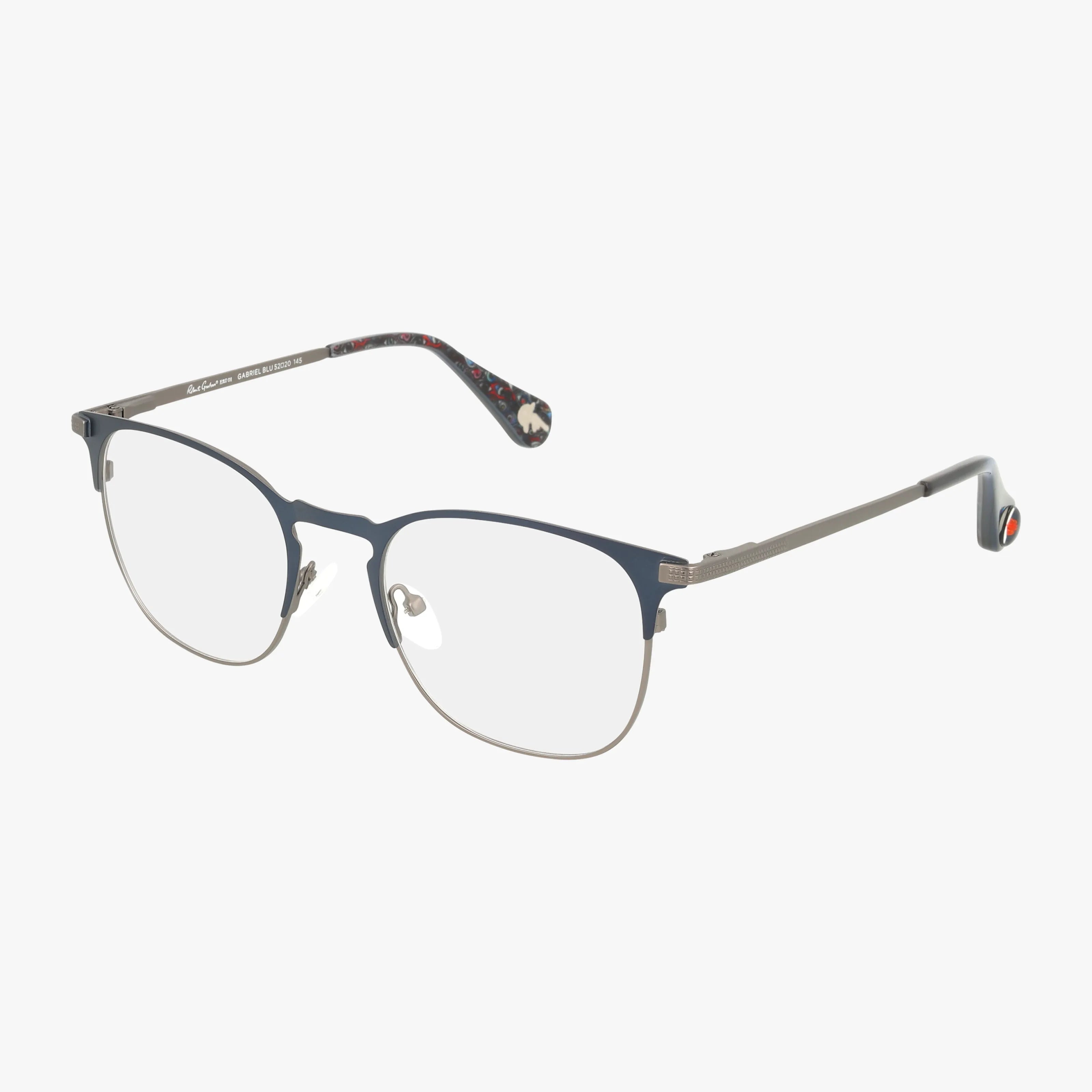 The GABRIEL eyeglasses feature a lightweight, thin rectangular metal frame in dark blue and silver, clear lenses, and dark temple tips with a stylish accent—ideal for anyone seeking modern eyewear.
