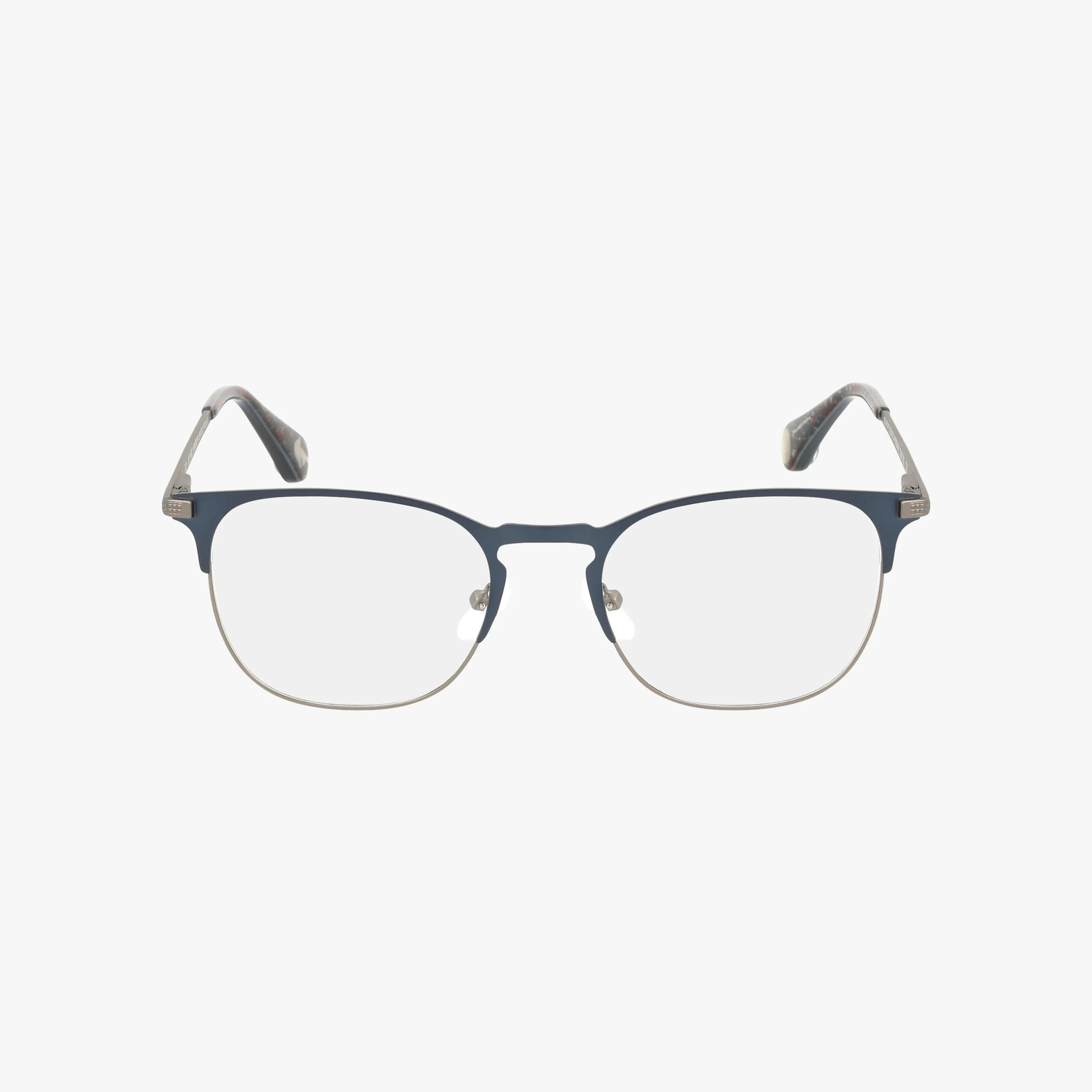 The GABRIEL eyeglasses feature a lightweight blue and silver frame with rectangular lenses and curved temple arms, displayed on a white background—a stylish, modern eyewear choice.