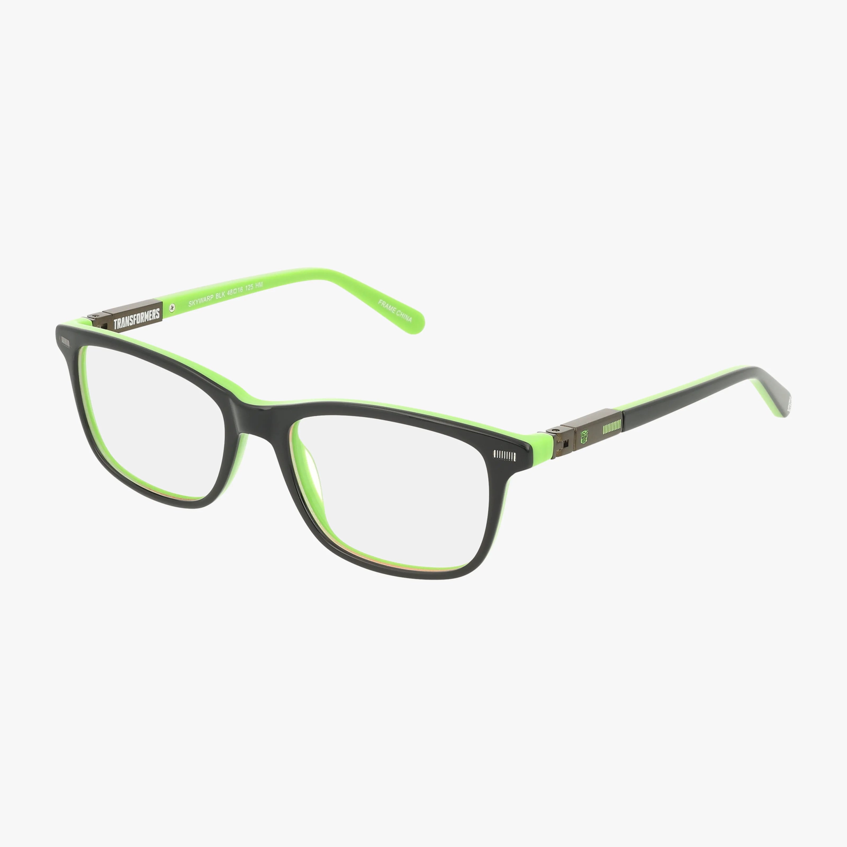 SKYWARP rectangular eyeglasses feature black frames with a vibrant green inner lining, clear lenses, and a sleek modern design—combining reliable eyewear with stylish elegance, shown on a white background.