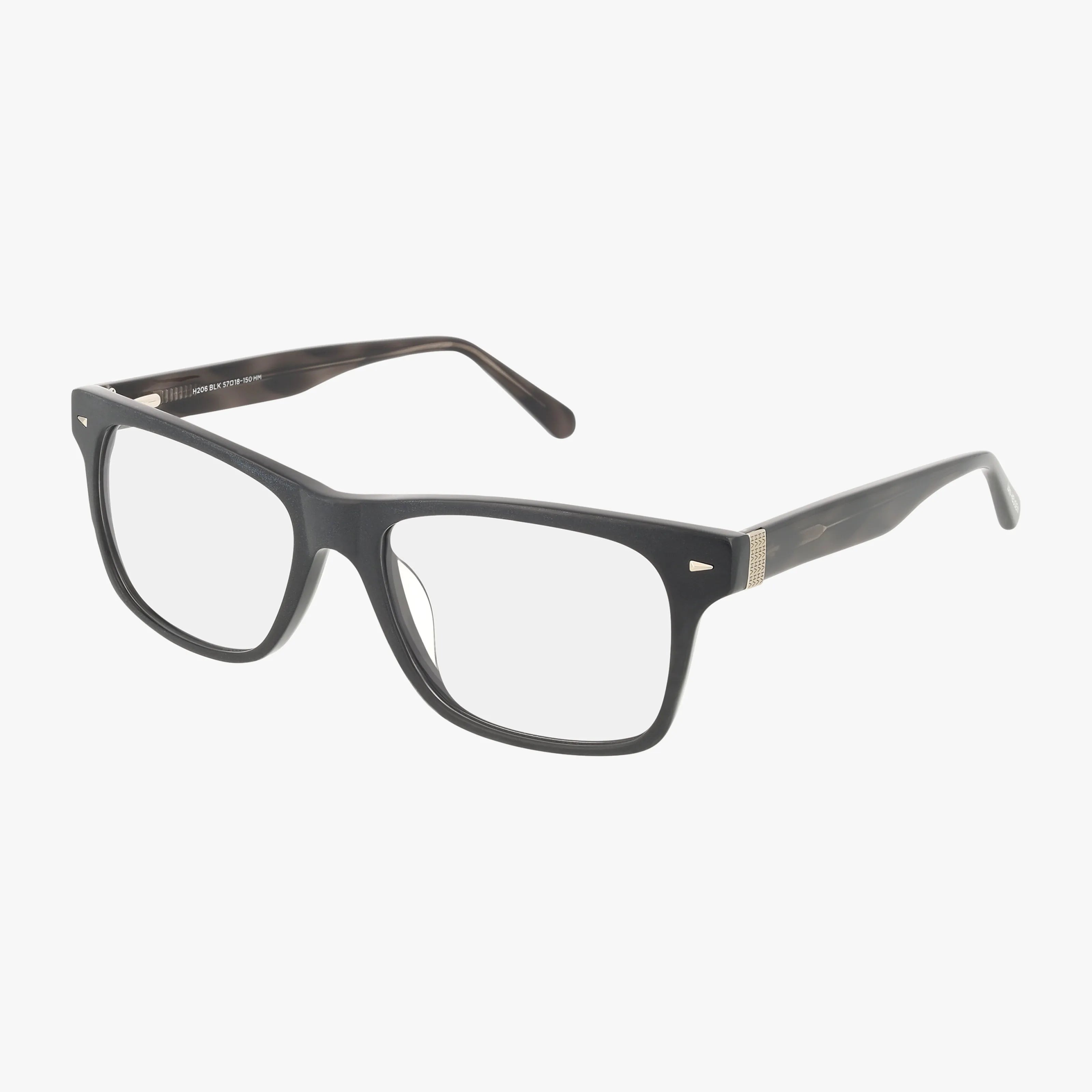 The H206 is a pair of black rectangular eyeglasses with clear lenses, lightweight frame, and gently curved temples, shown on a white background—a modern eyewear choice available online.