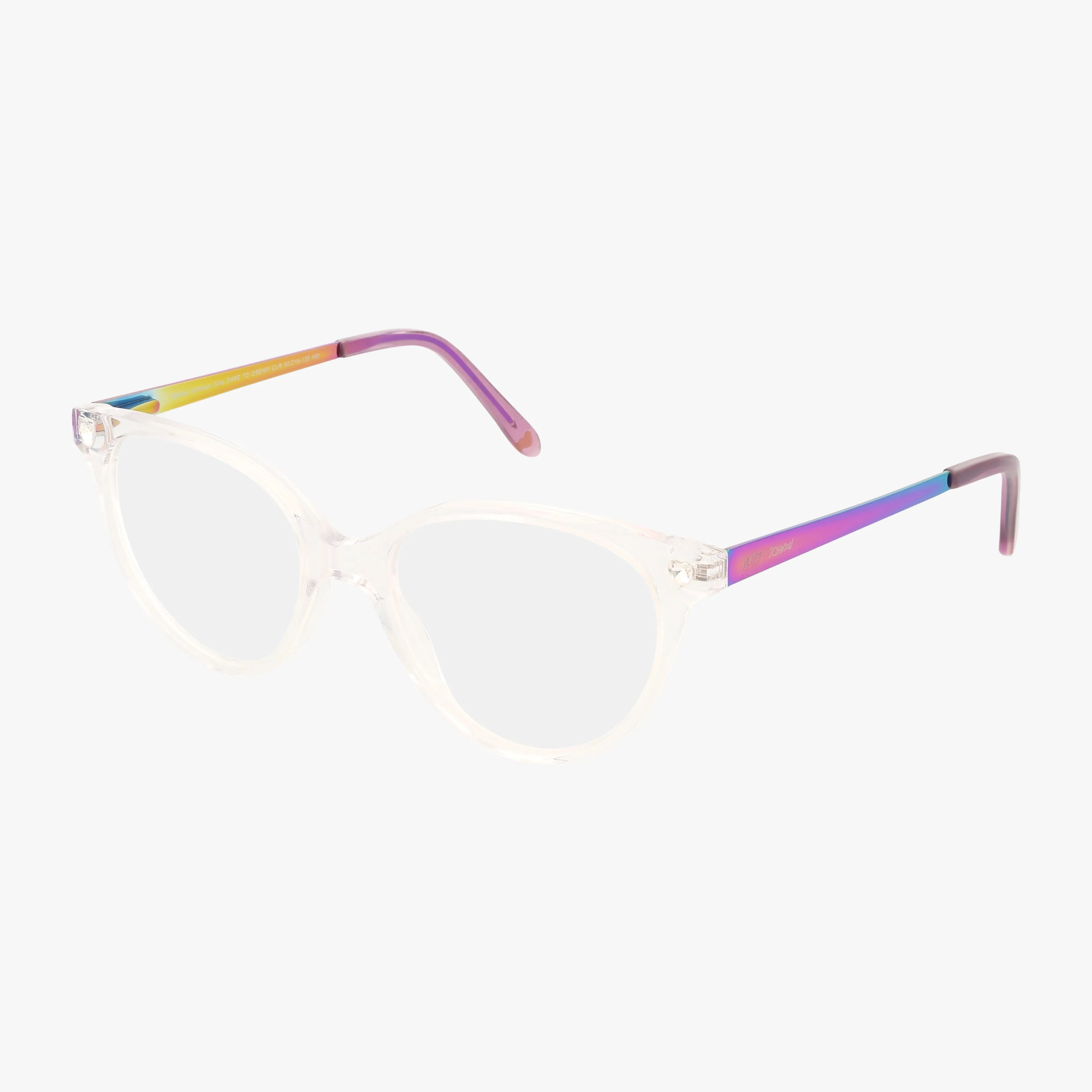 Clear round DARE TO DREAM eyeglasses feature technicolor frames with gradient arms shifting from yellow and blue to purple and pink, capturing a playful spirit against a white background.