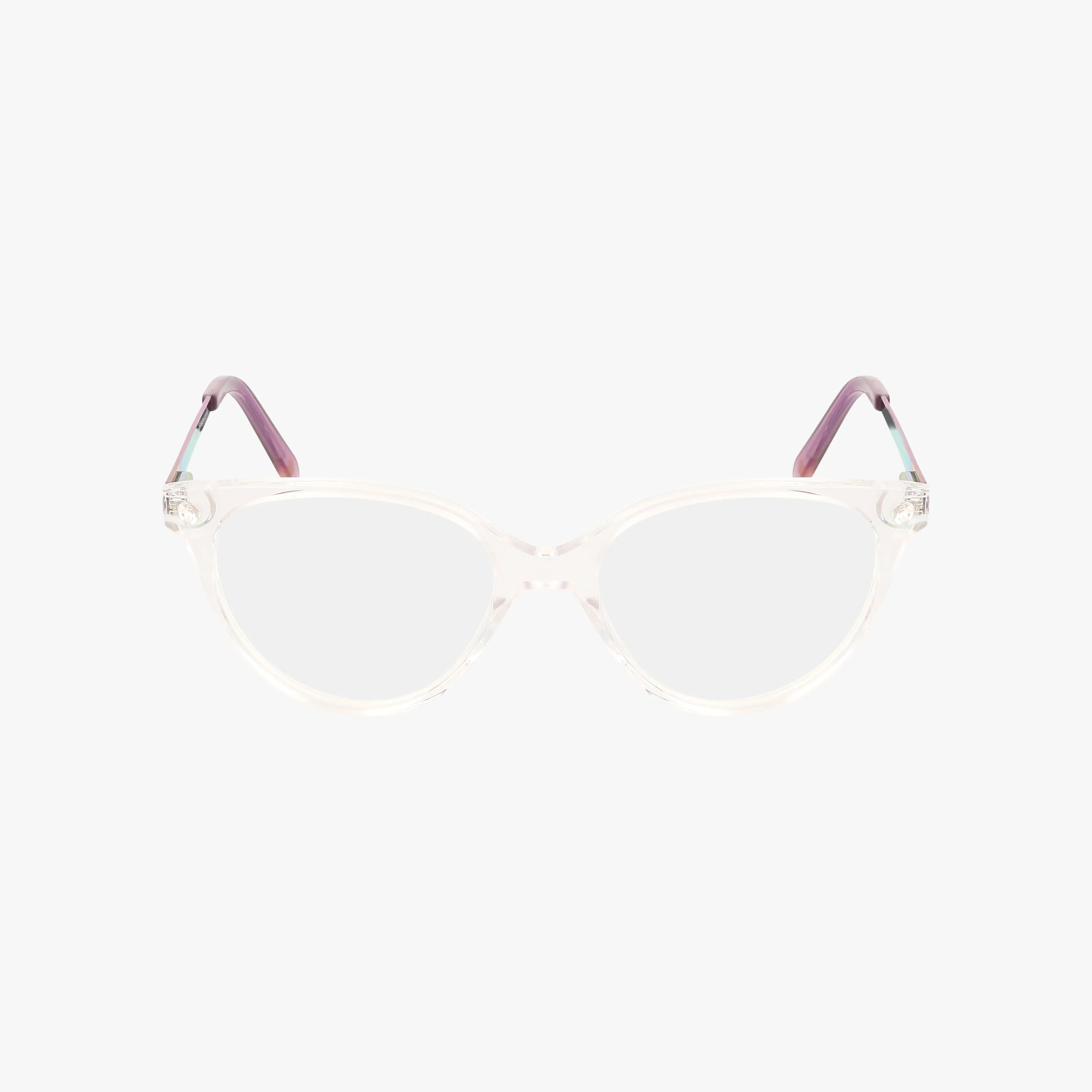 DARE TO DREAM eyeglasses feature transparent round frames with subtle purple accents on the arms, displayed against a white background—ideal for Betsey Girls who want stylish technicolor flair.