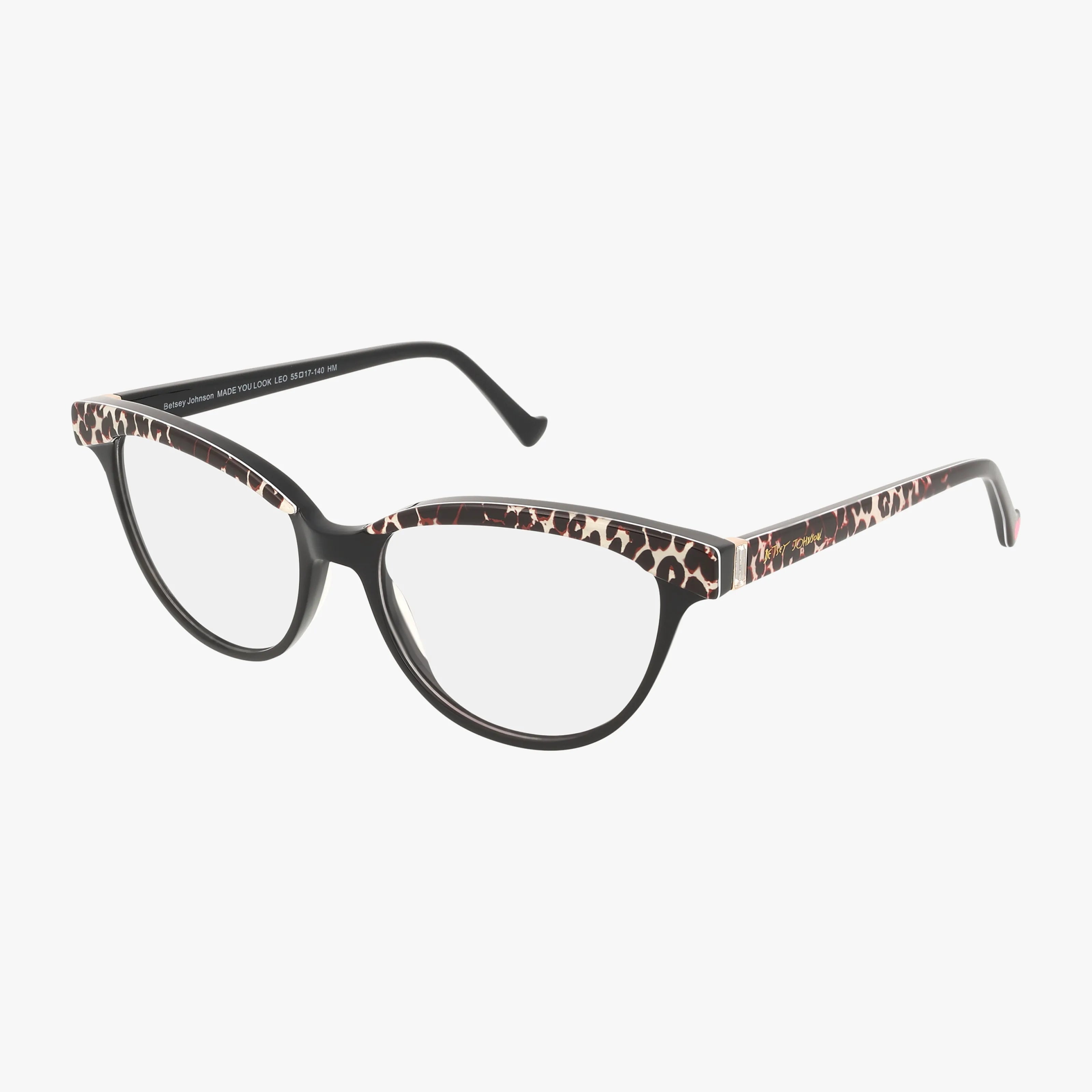 MADE YOU LOOK cat-eye eyeglasses feature black frames with a striking brown and beige leopard print across the top rim and temples—perfect for a standout first impression, shown on a white background.