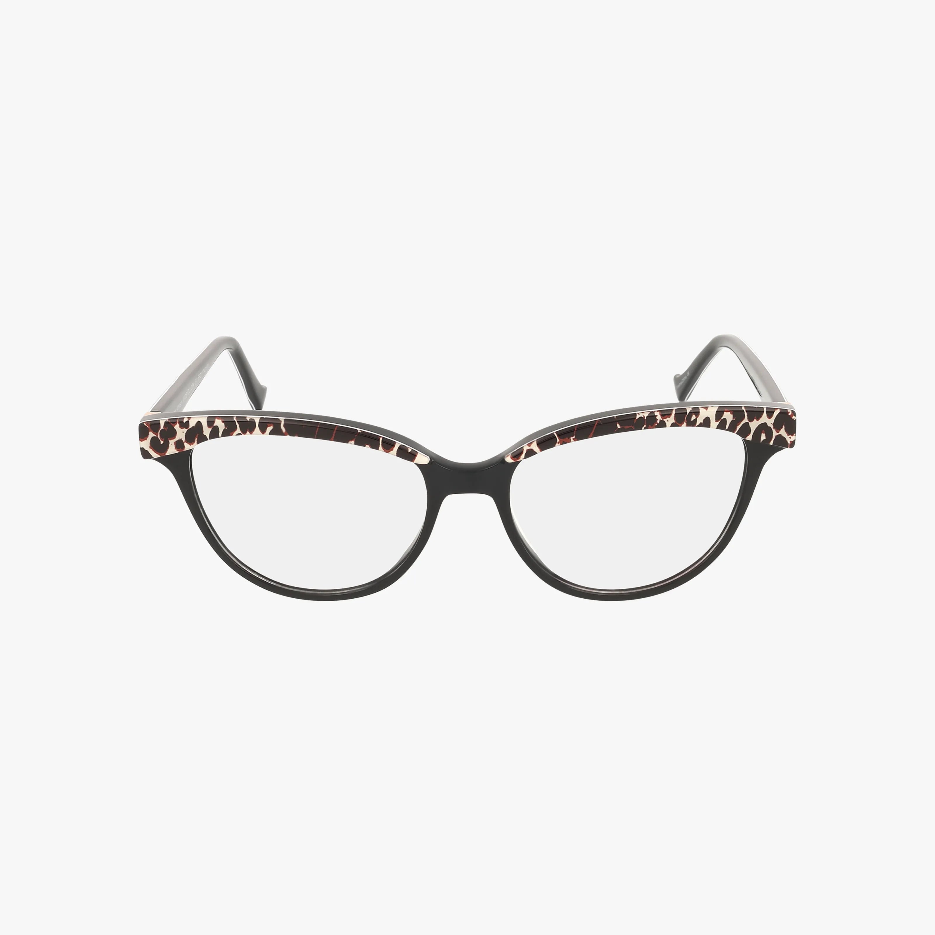 MADE YOU LOOK cat-eye eyeglasses with black frames and a bold leopard print along the top edges—perfect for making a striking first impression. Shown on a white background.