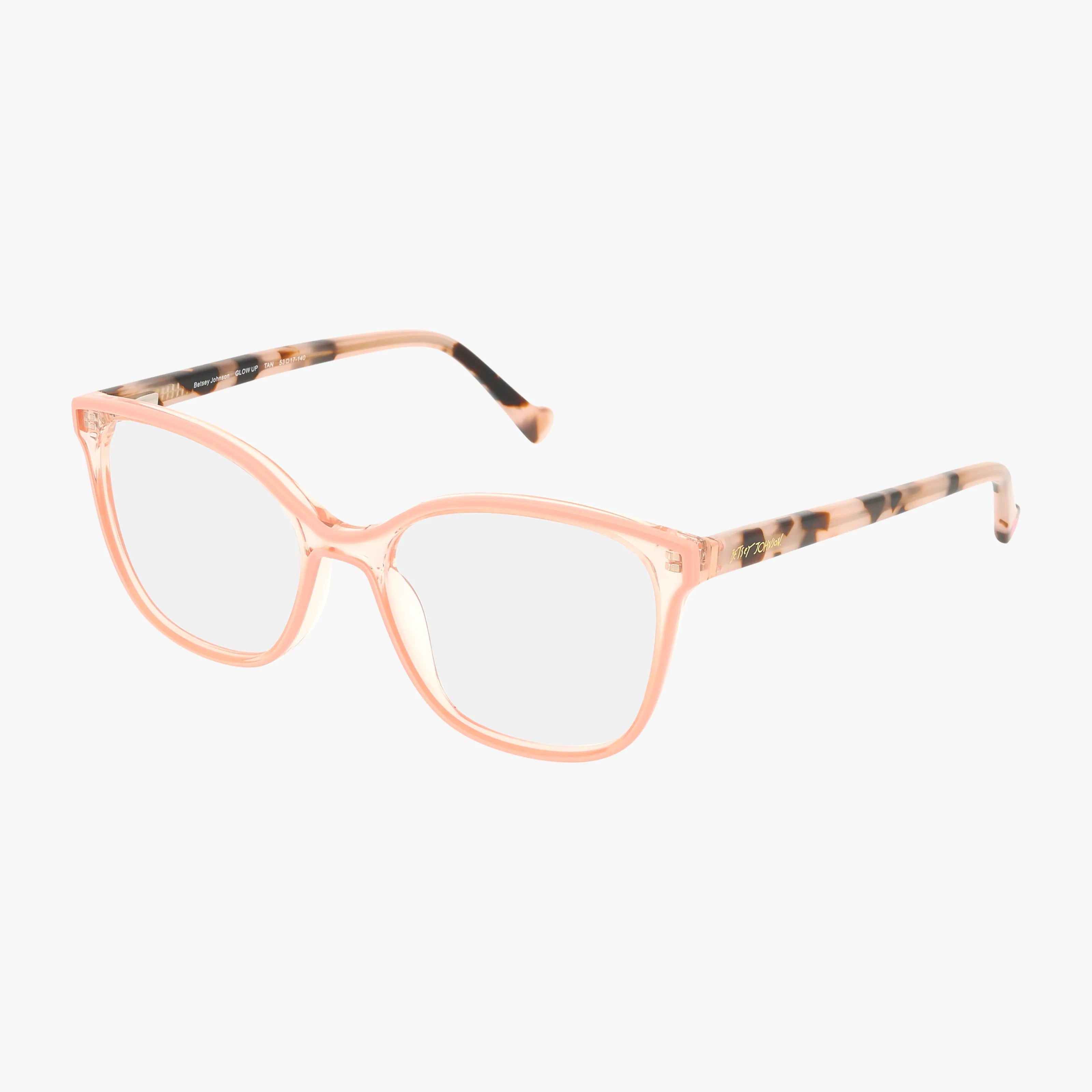 Betsey Johnson’s GLOW UP eyeglasses feature clear, rectangular frames in light pink translucent with tortoiseshell-patterned arms, shown on a white background.