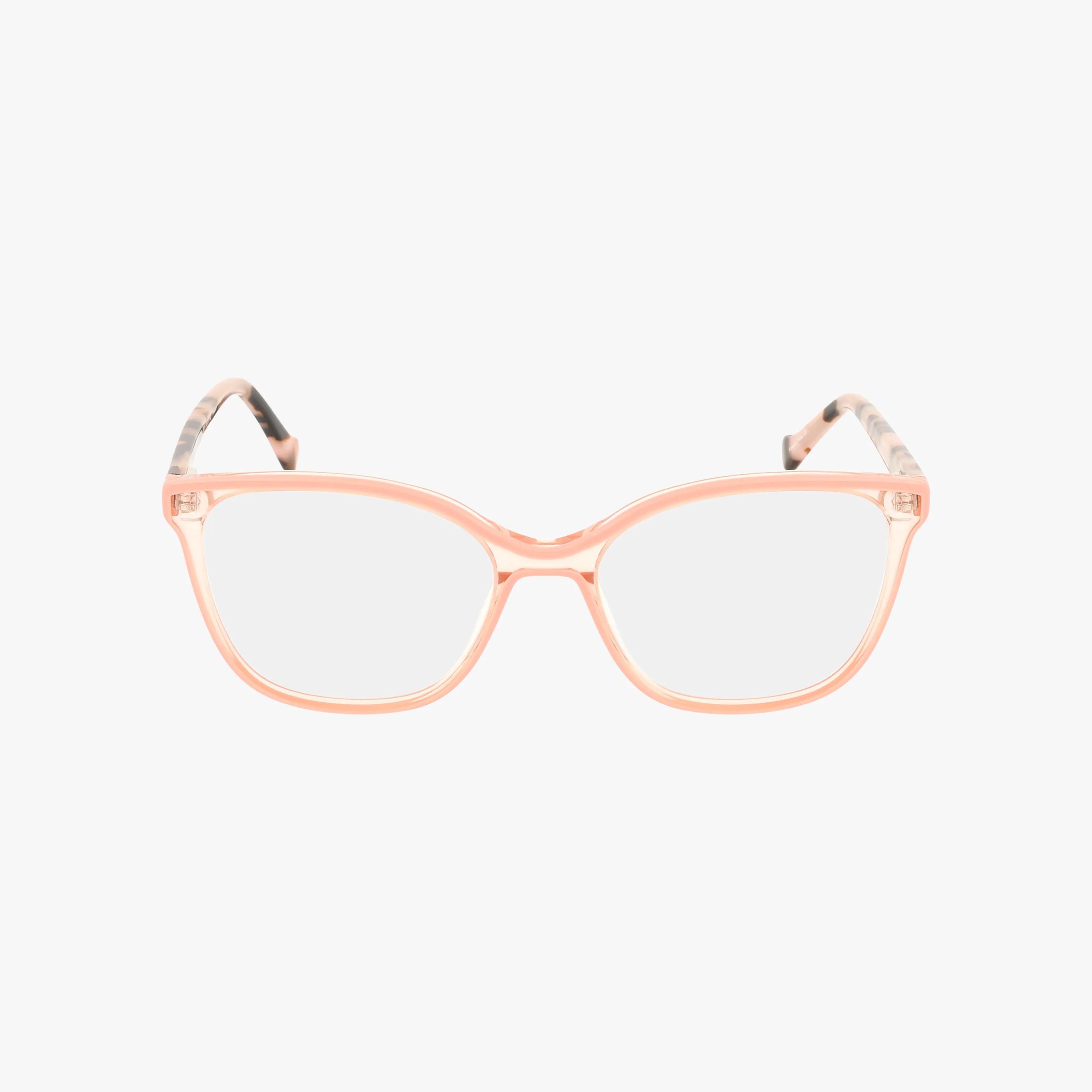 A pair of Betsey Johnson GLOW UP eyeglasses featuring clear lenses and light pink, slightly translucent rectangular frames with predominantly pink temples and a marbled pattern near the ends, set against a plain white background.