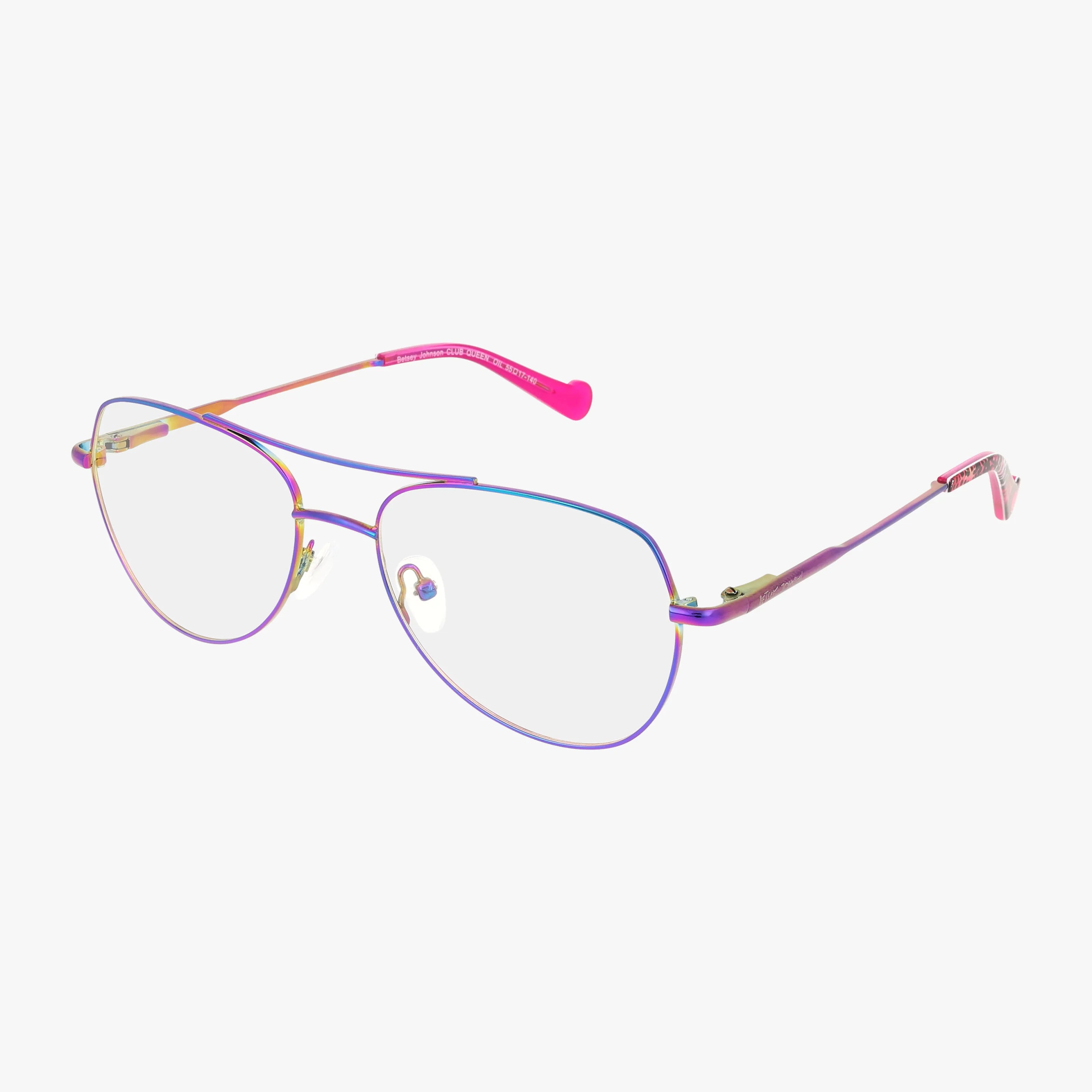 CLUB QUEEN aviator-style eyeglasses feature a chic metallic rainbow gradient frame, clear lenses, and bright pink temple tips for a playful touch. Set against a plain white background.