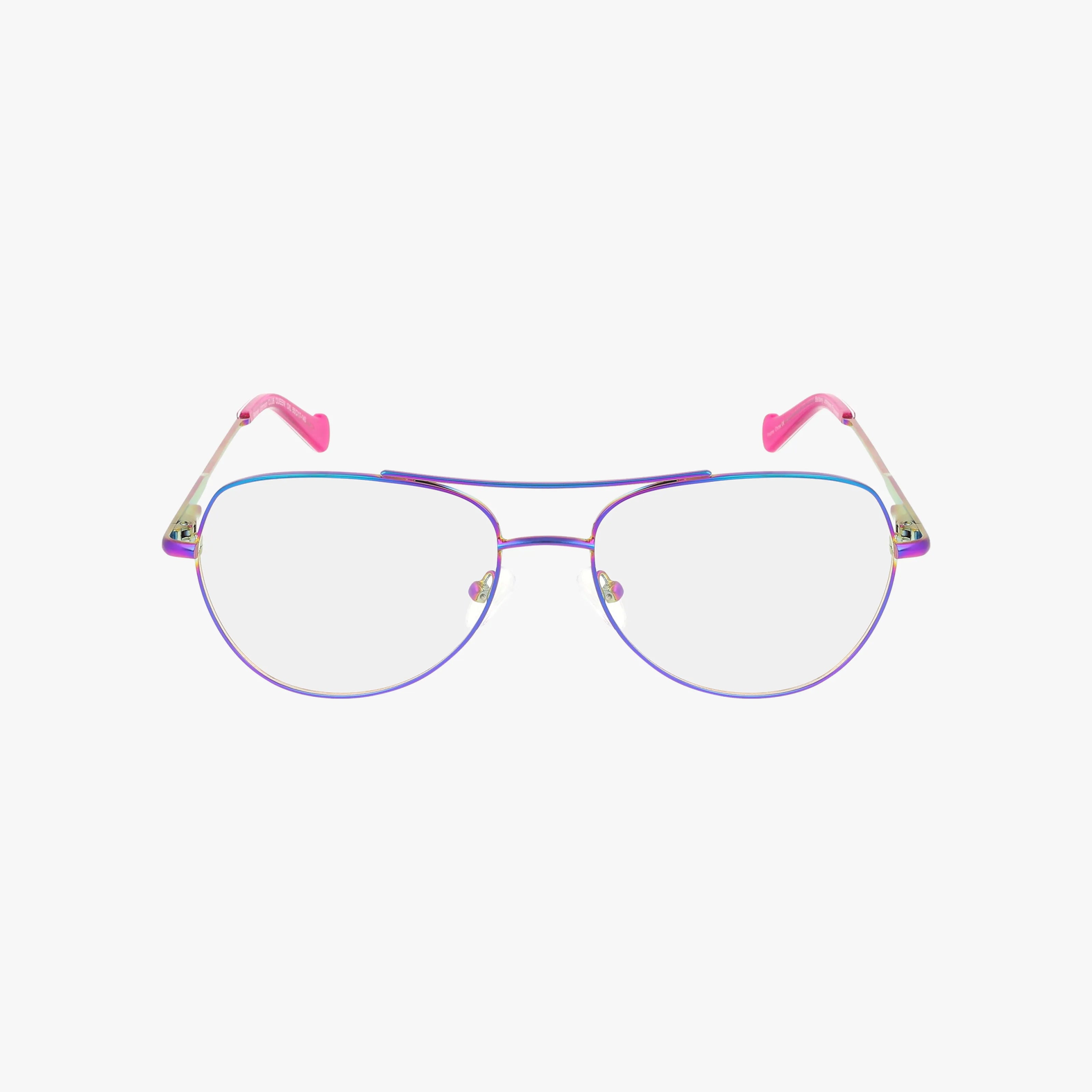 Front view of chic CLUB QUEEN wireframe eyeglasses with purple rims, pink temple tips, and transparent nose pads, set against a plain white background.