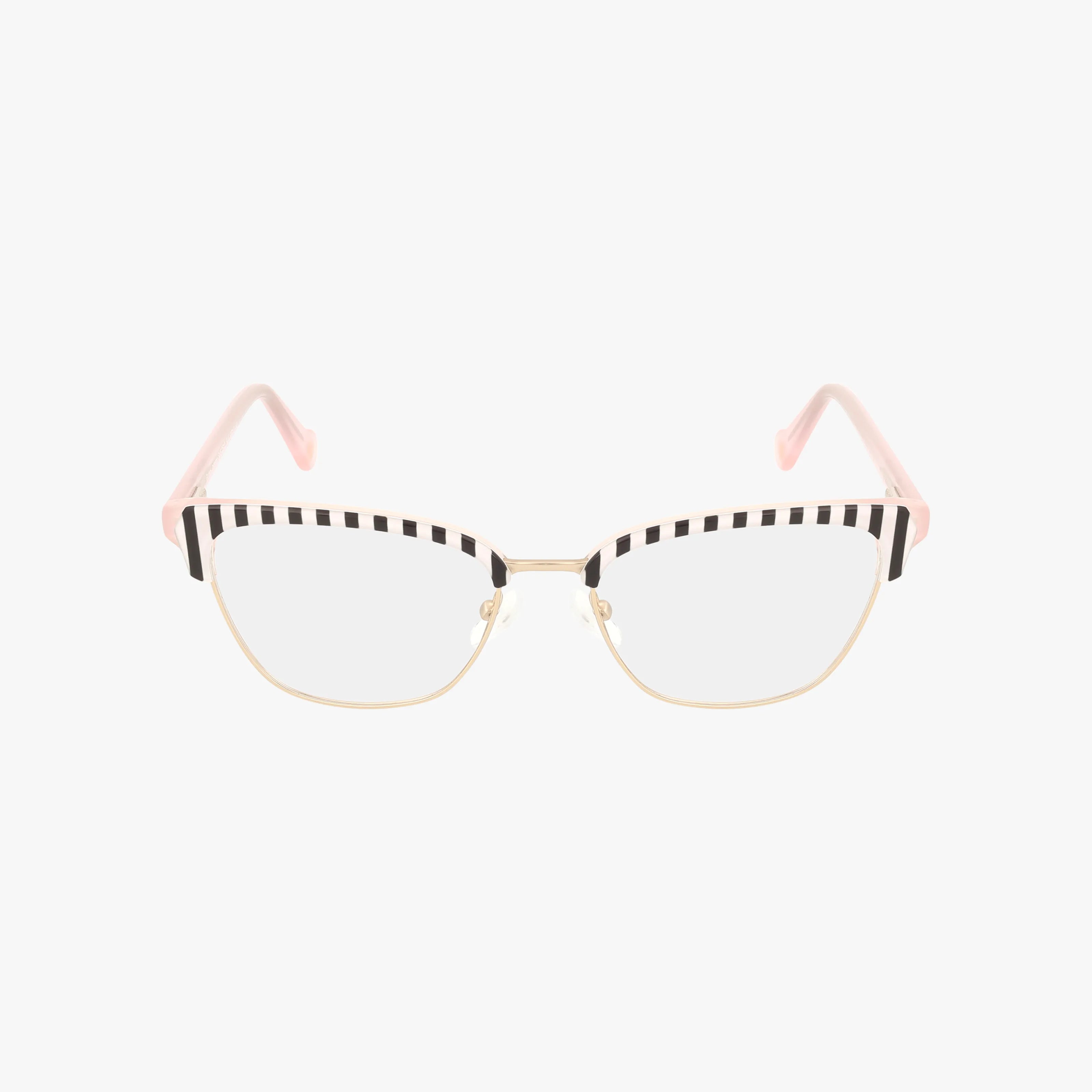 The SHE DEVIL glasses feature thin gold frames, clear lenses, light pink arms, and a bold black-and-white striped pattern atop the rims—delivering flirty style with She Devil energy in every detail.