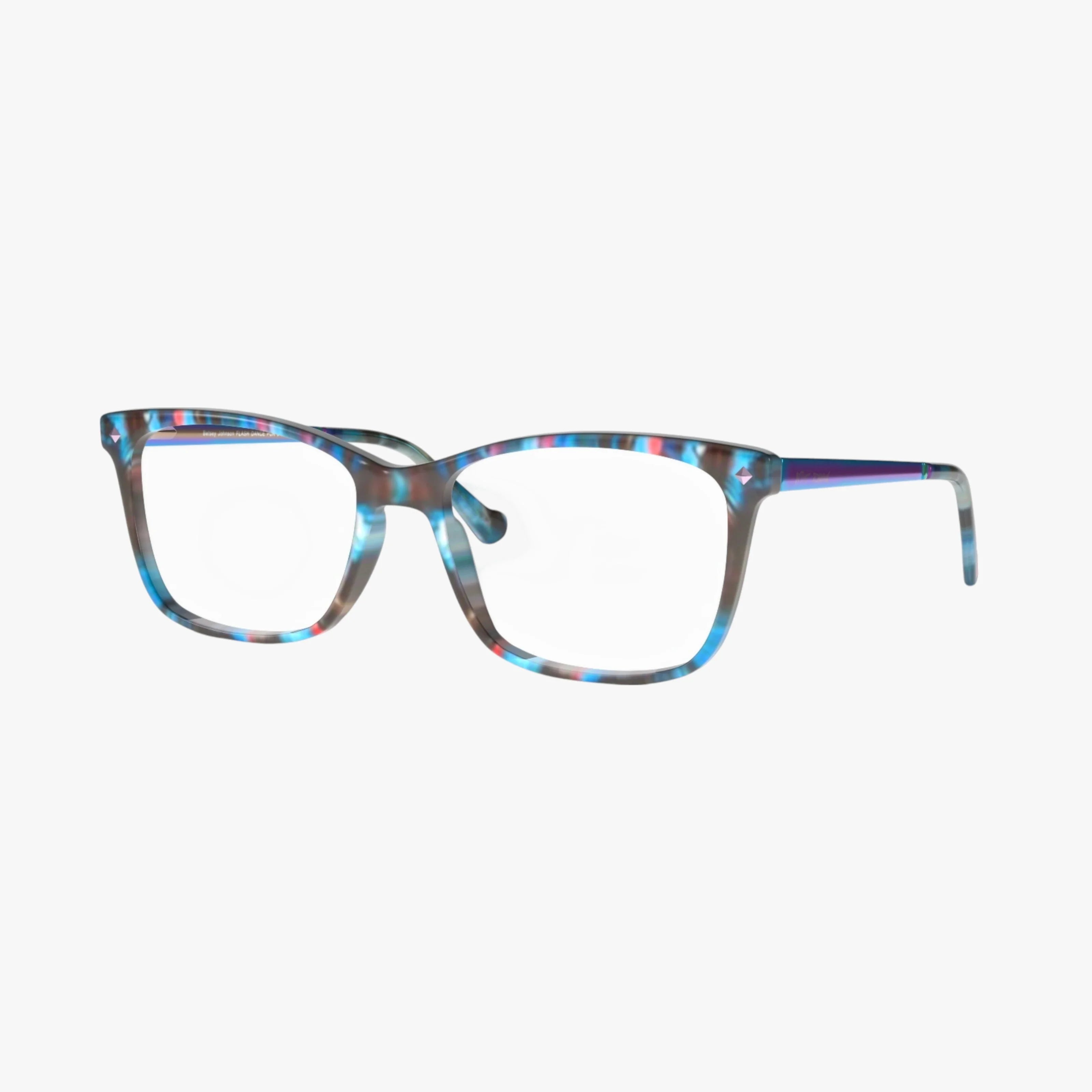Betsey Johnson FLASH DANCE eyeglasses with rectangular frames in a colorful, translucent pattern of blue, pink, and brown, plus solid arms. Set against a plain white background.