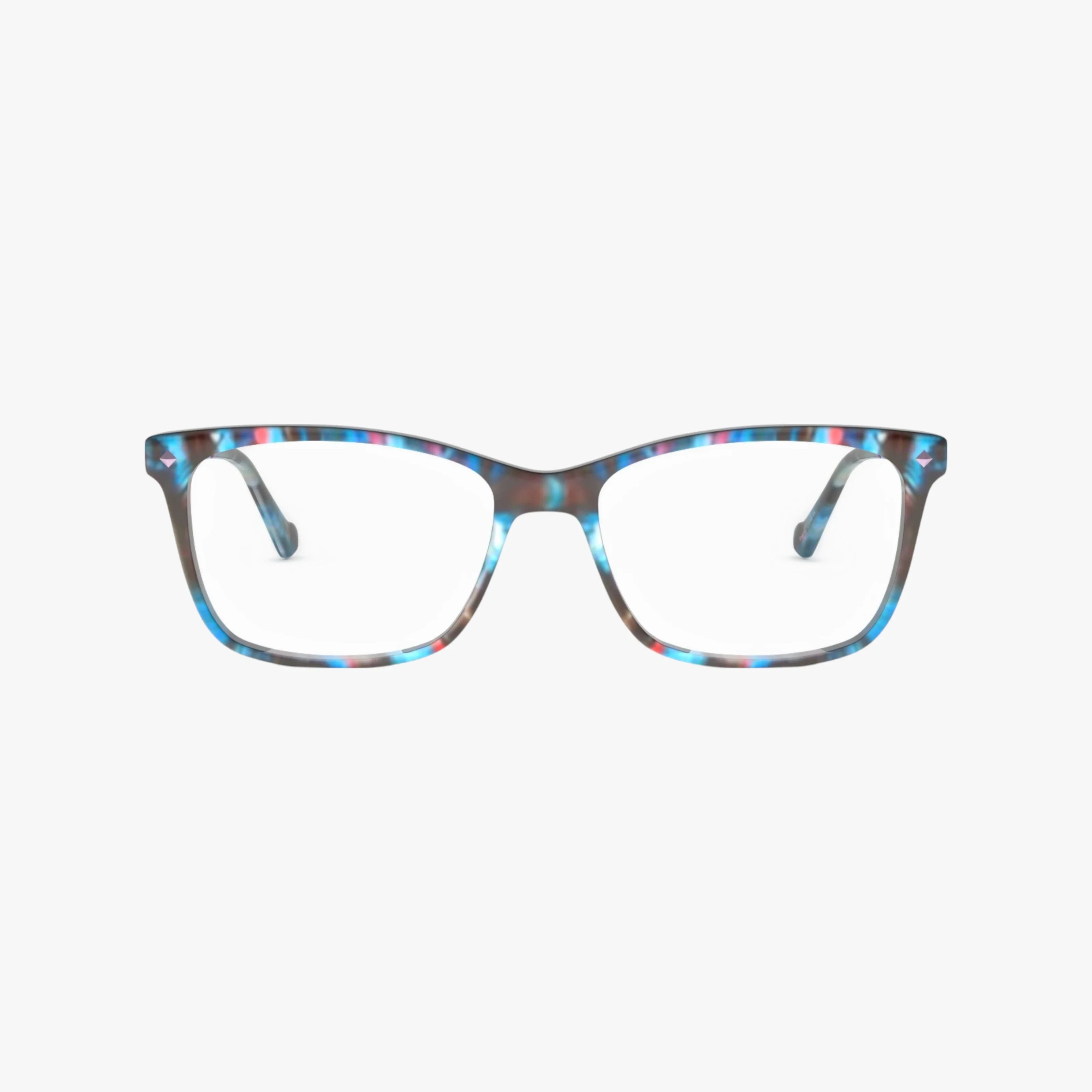 The Betsey Johnson FLASH DANCE sunglasses feature a rectangular shape and vibrant marbled blue, white, and red frames, providing stylish sun protection.