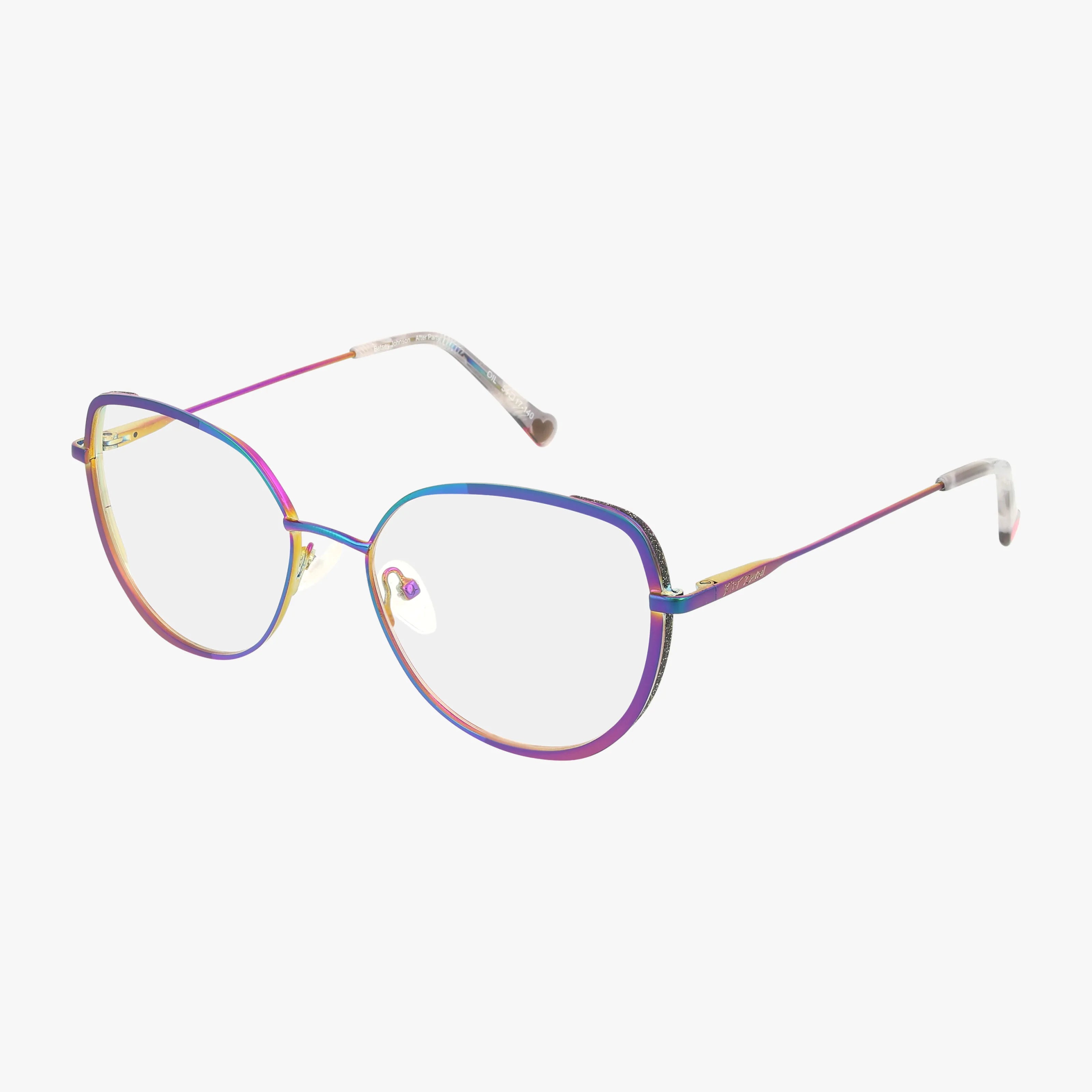 AFTER PARTY by Betsey Johnson: cat-eye eyeglasses with a shimmer metallic gradient from gold to blue and purple, transparent nose pads, and slim patterned temple arms.