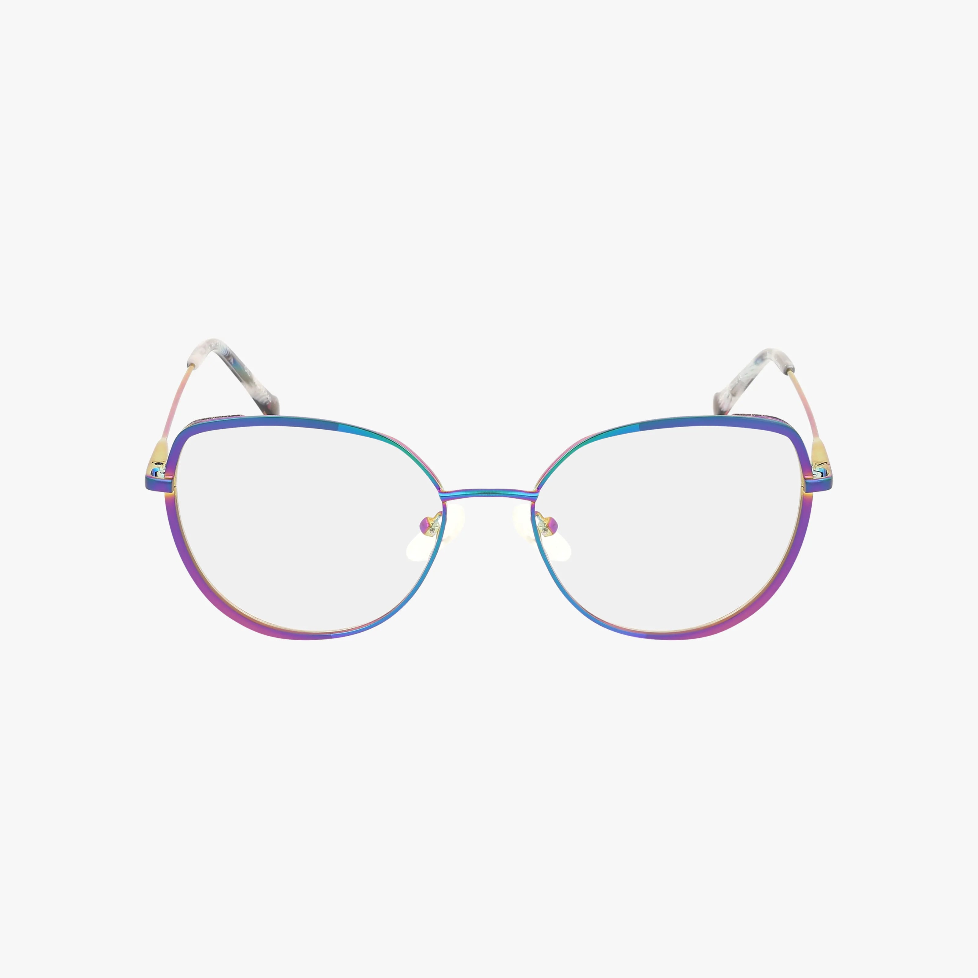 AFTER PARTY cat-eye eyeglasses feature a thin metallic shimmer frame in a blue, purple, and pink gradient with clear lenses and marble-patterned temple tips—a glamorous Betsey Johnson design shown on a white background.