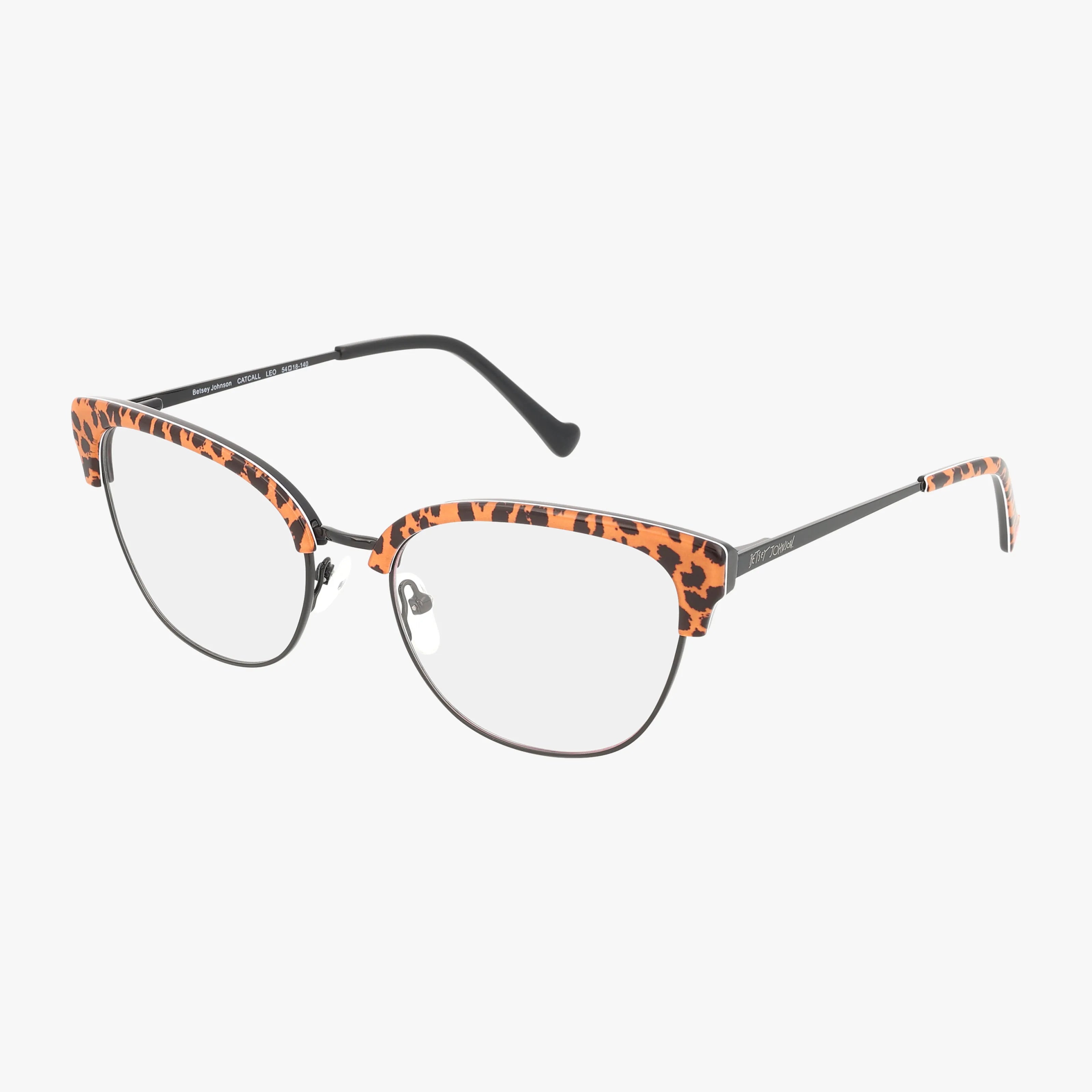 CAT CALL eyeglasses feature black frames with orange leopard-print accents on the upper rims and temple tips, clear lenses, and adjustable nose pads—combining bold style with everyday comfort.