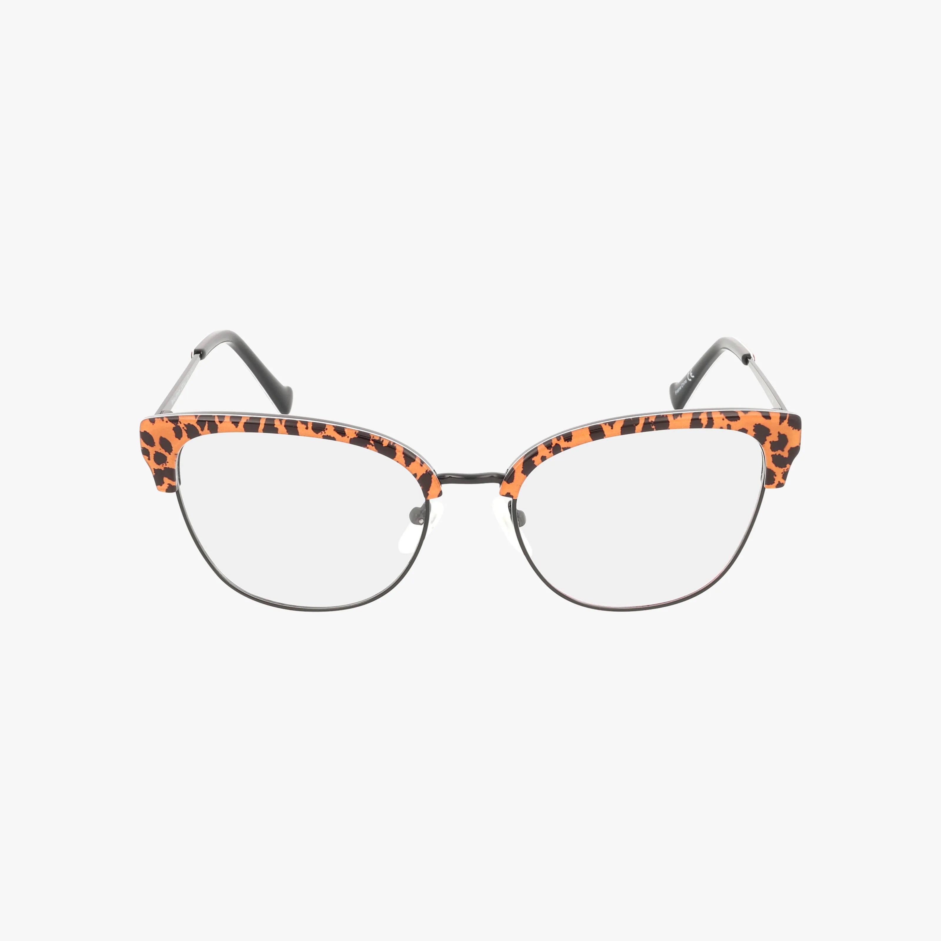 CAT CALL cat-eye eyeglasses feature a bold orange and black leopard print on the upper frame with sleek black rims below, showcased against a white background.