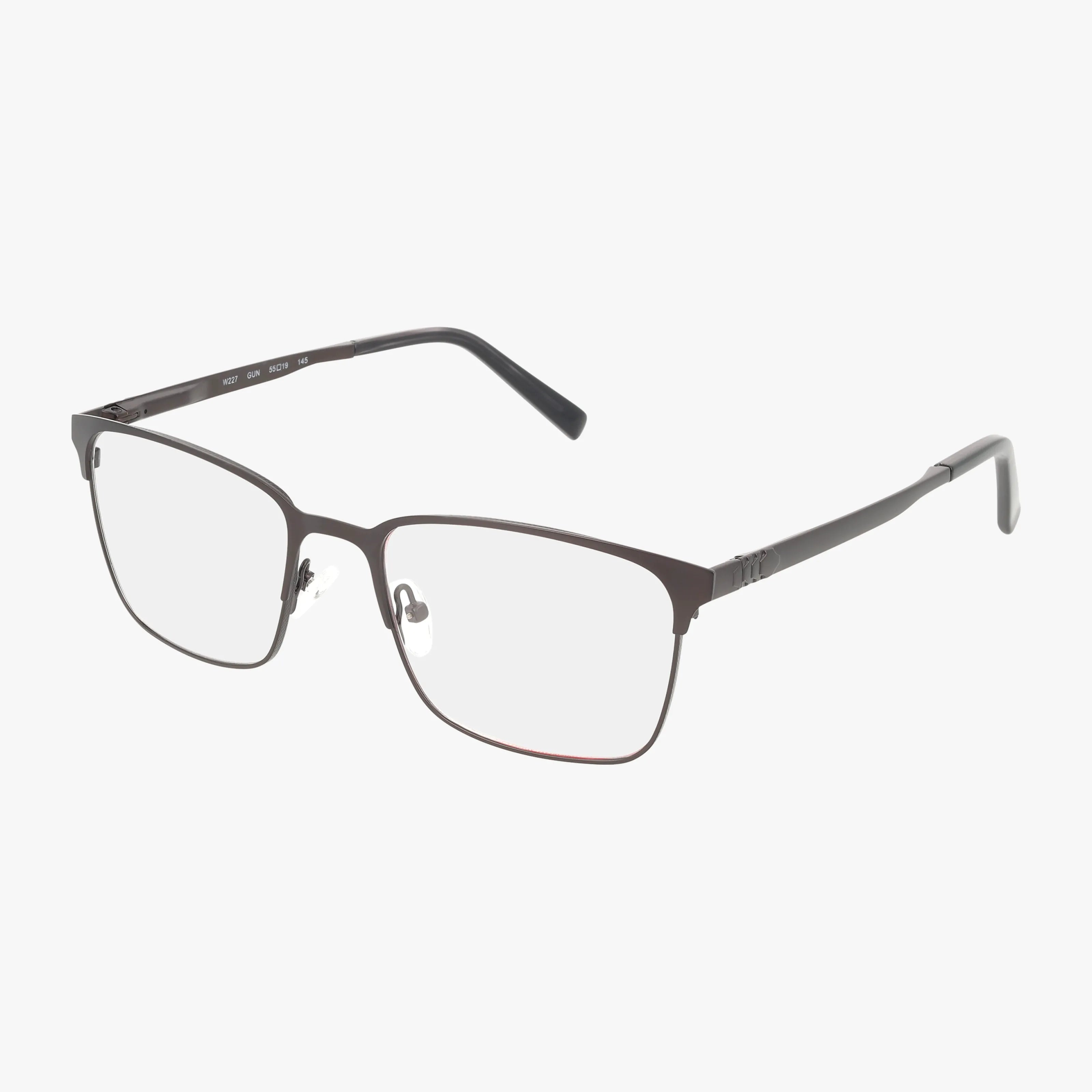The W227 eyeglasses feature a rectangular metal frame, lightweight design, thin dark-colored arms, and clear lenses, displayed on a white background.