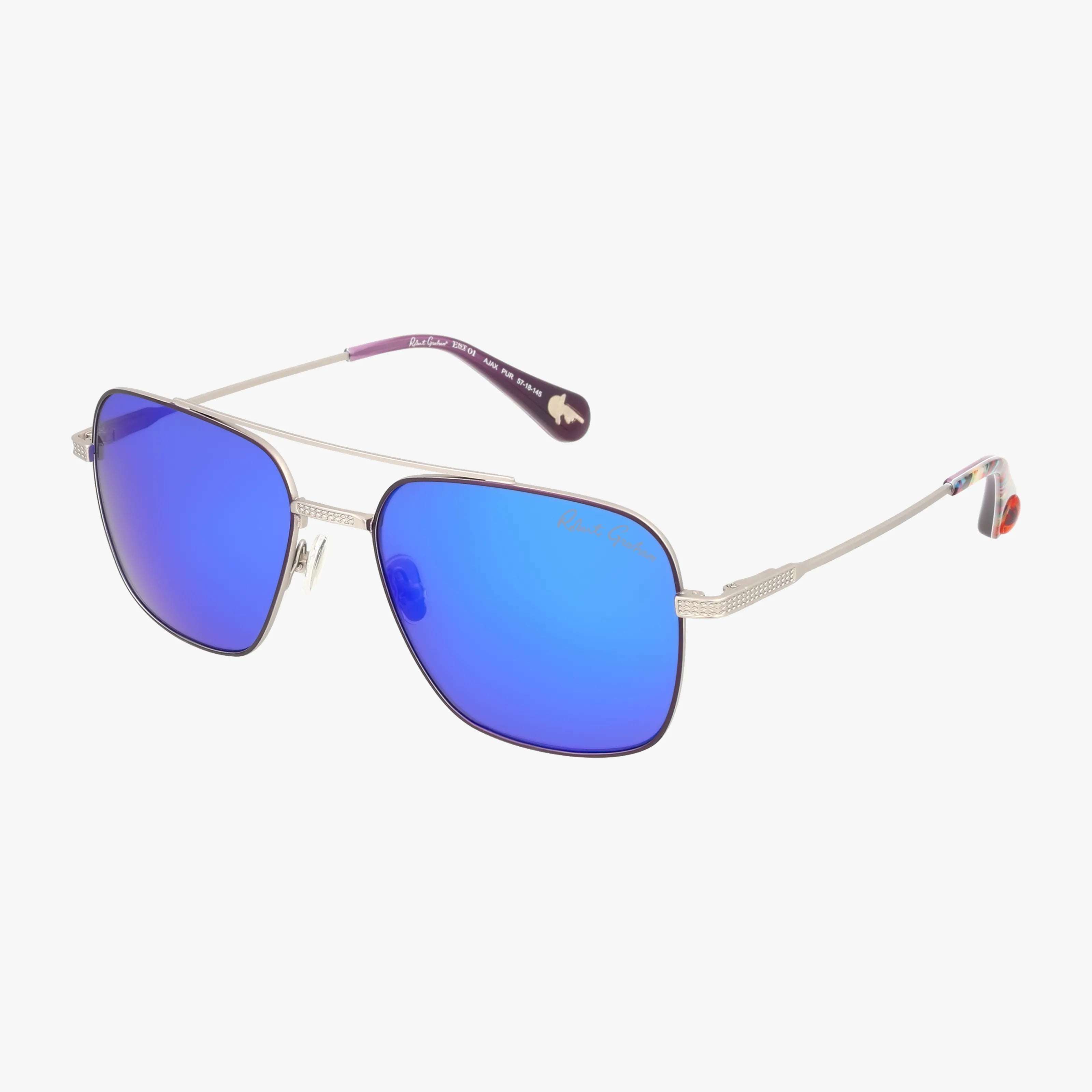 The AJAX sunglasses feature a lightweight aviator frame with thin silver rims, blue mirrored lenses, and subtle purple-tipped arms. Perfect for online shoppers seeking style and versatility. Shown on a white background.