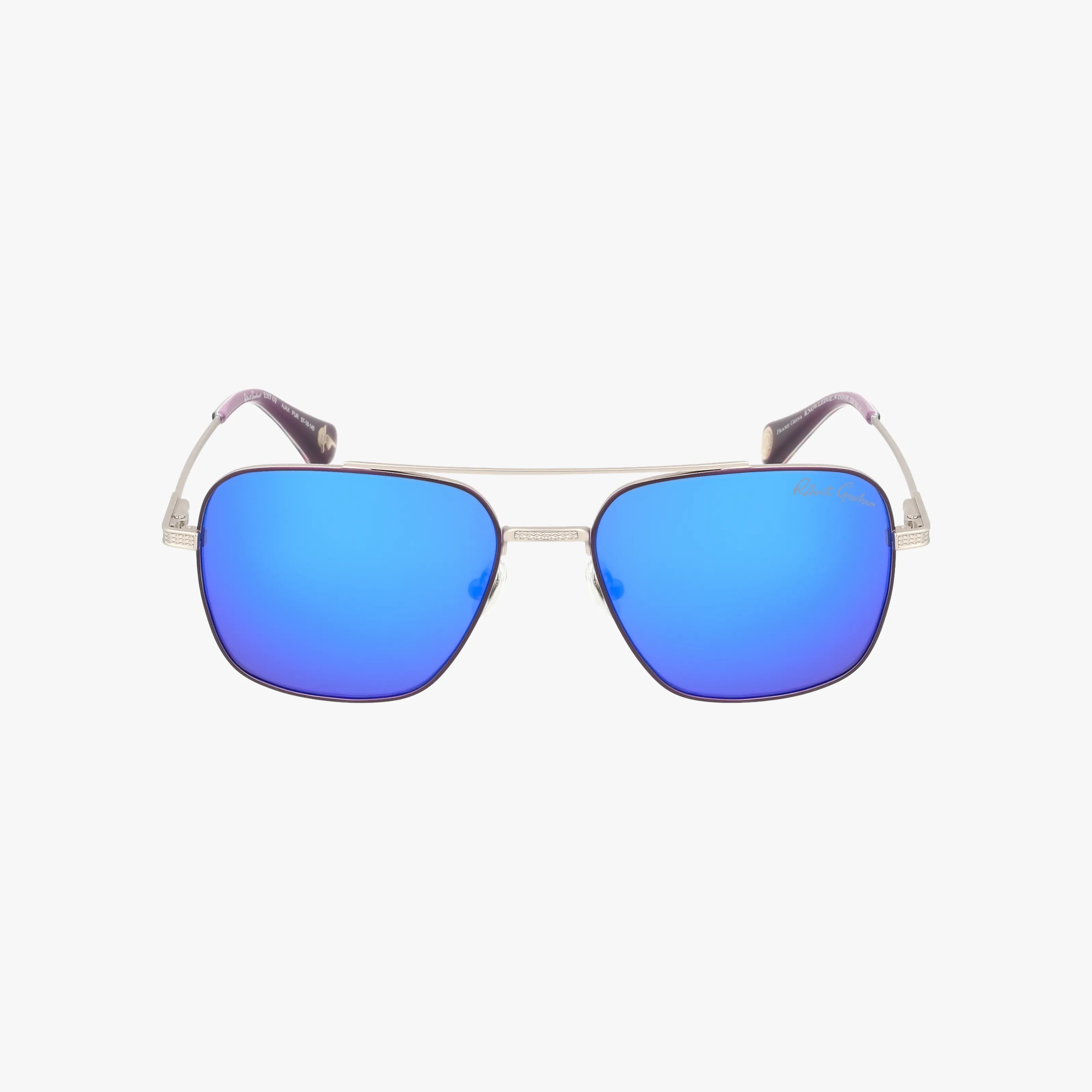 The AJAX sunglasses feature a square aviator design with a lightweight frame, metallic gold accents, and vibrant blue mirrored lenses, showcased against a plain white background for versatile style.