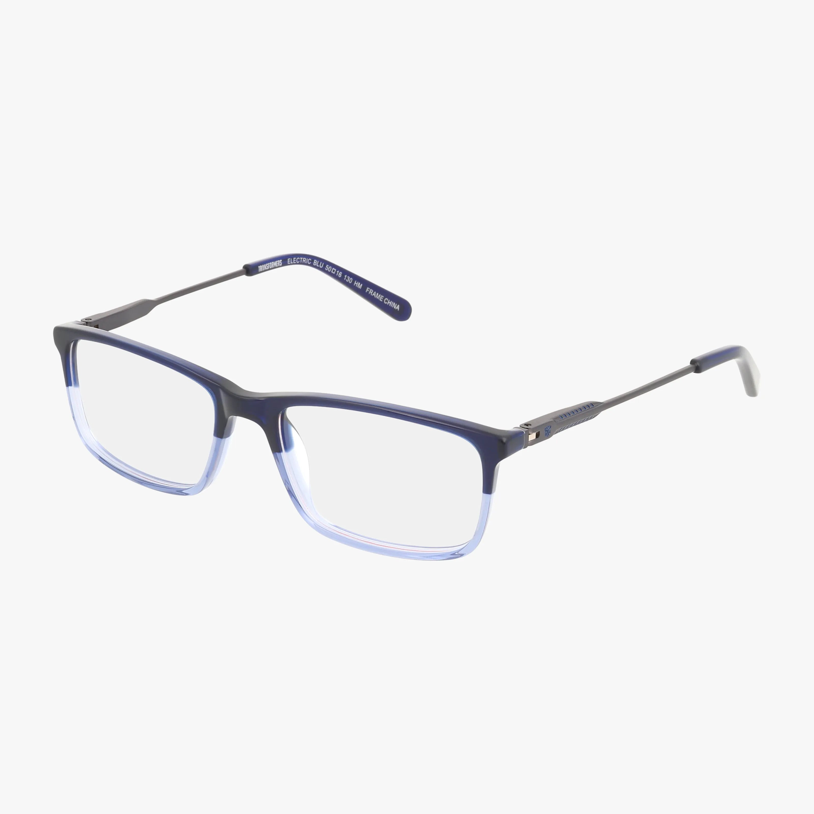 ELECTRIC eyeglasses feature a stylish rectangular frame with dark blue upper and light blue lower rims, thin black metal arms, and clear lenses—ideal for those seeking modern eyewear innovation.