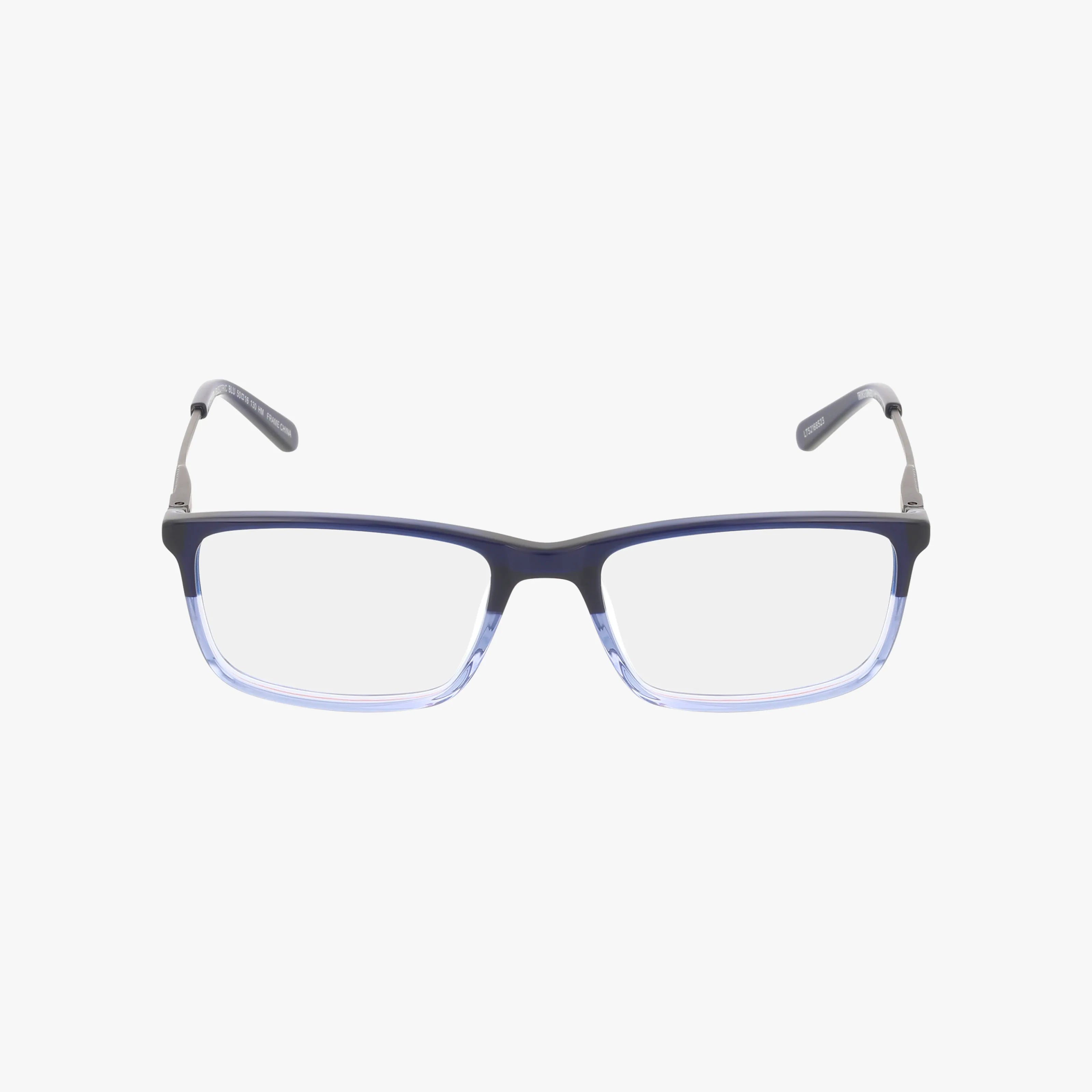 ELECTRIC rectangular eyeglasses with a stylish frame: black on top, translucent light blue below, and modern innovation. Displayed front view on a white background.