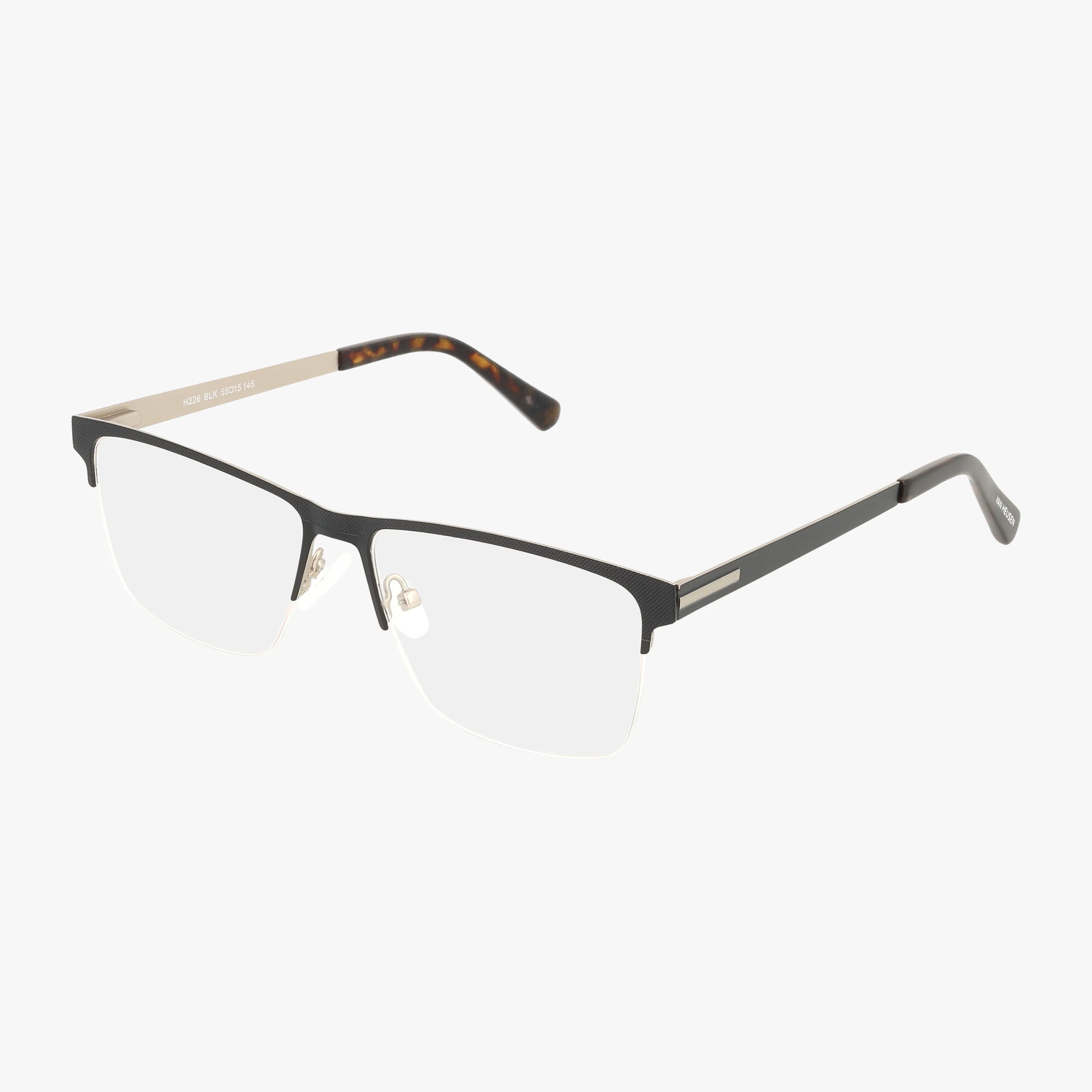 The H226 semi-rimless eyeglasses feature a matte black frame, metal temples, clear lenses, and tortoiseshell temple tips for style and durability, all displayed on a white background.
