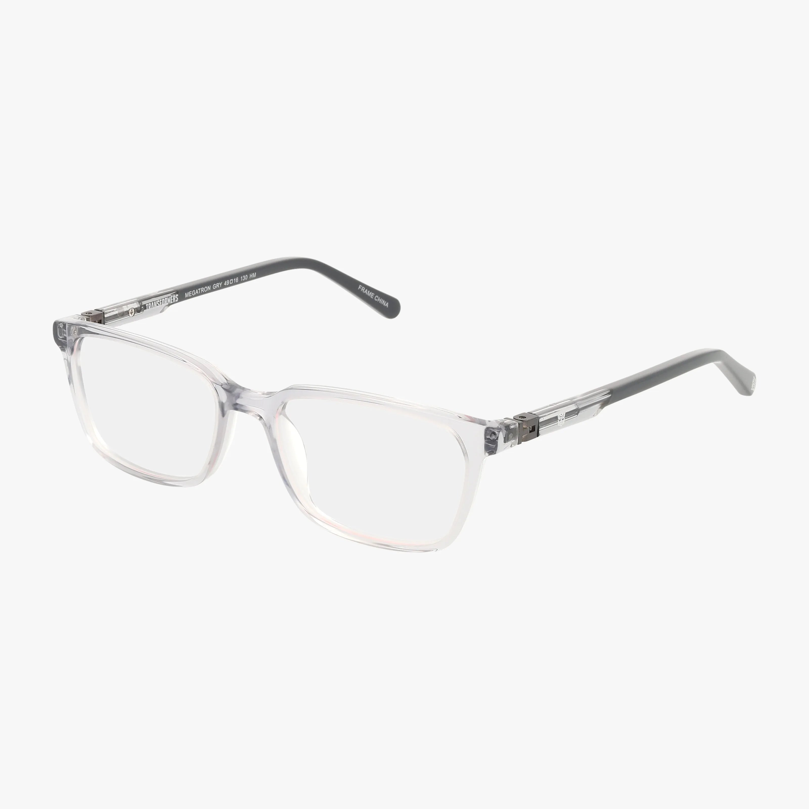 MEGATRON eyeglasses feature a clear rectangular frame with transparent fronts and dark gray temples, shown on a white background. Enjoy modern design and comfort—shop with your benefits online today.