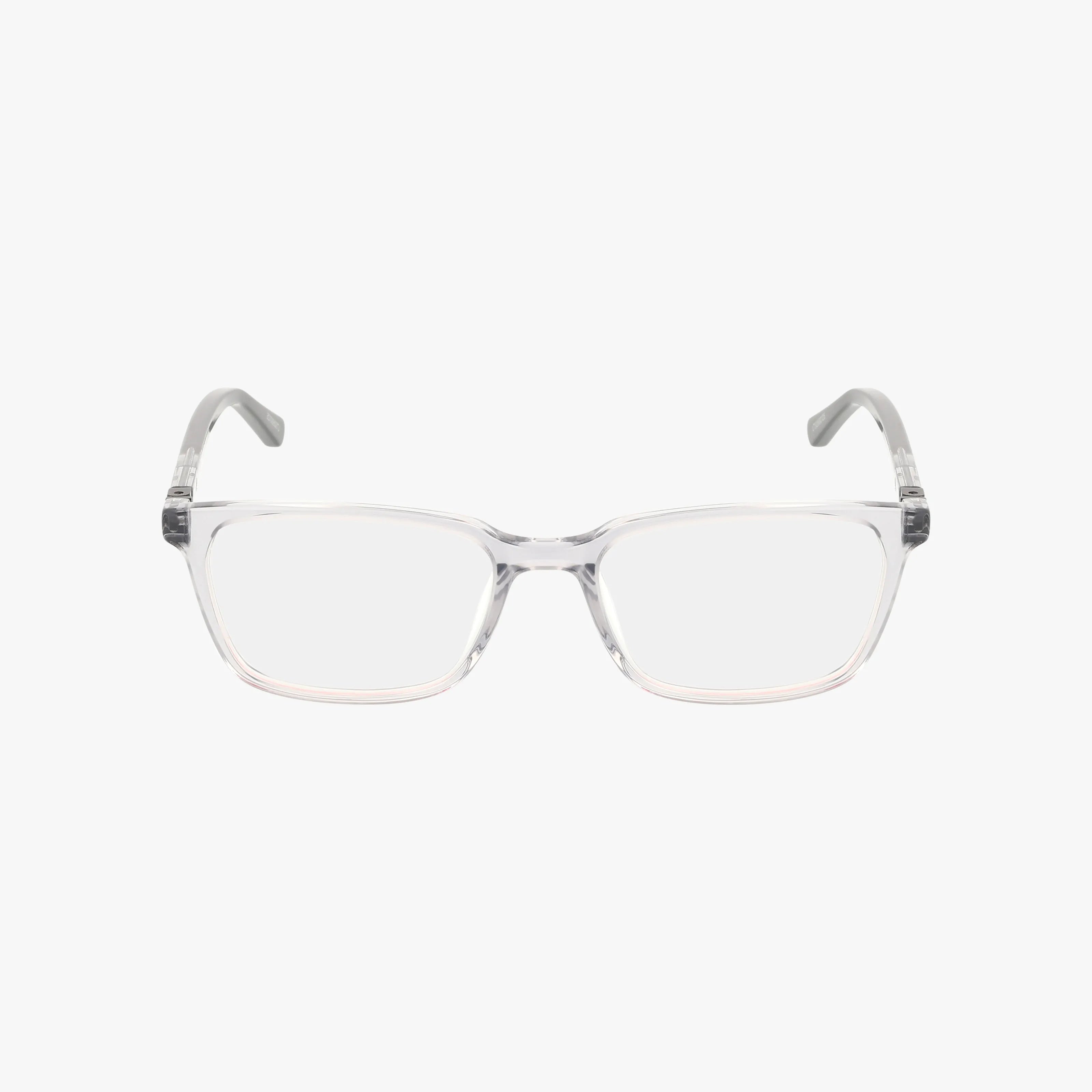 MEGATRON clear rectangular eyeglasses with a resilient frame and transparent temple arms, showcasing a modern design, are displayed on a plain white background.