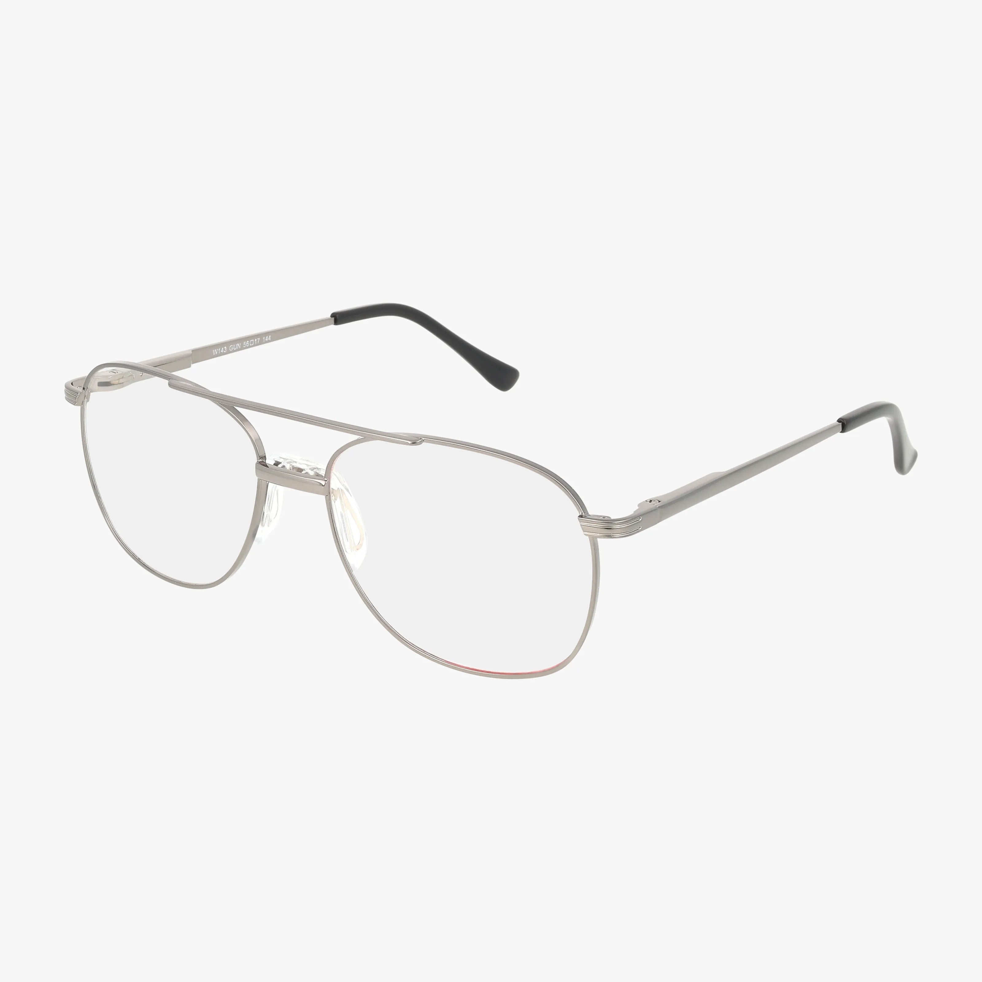 The W143 features a silver metal aviator frame with clear lenses, adjustable nose pads, resilient construction, and black plastic temple tips, shown against a white background.