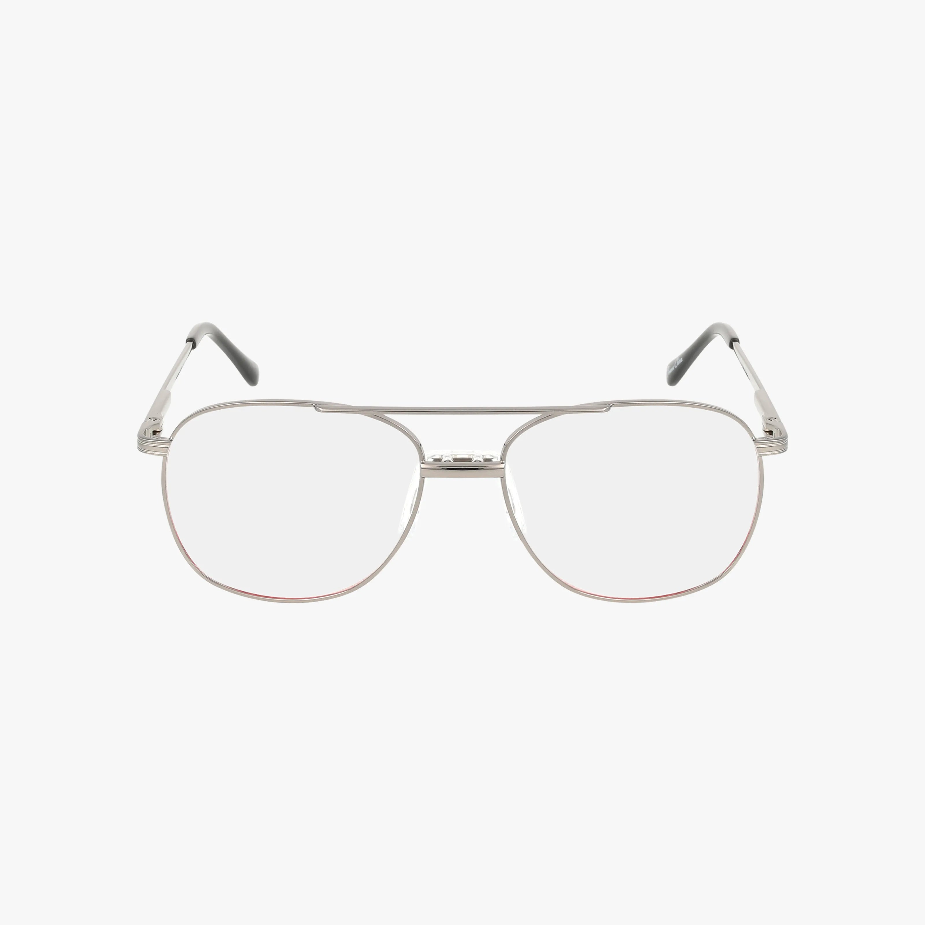 The W143 is a pair of silver metal eyeglasses with a durable frame, rectangular aviator design, clear lenses, and black-tipped temple arms, showcased on a plain white background.