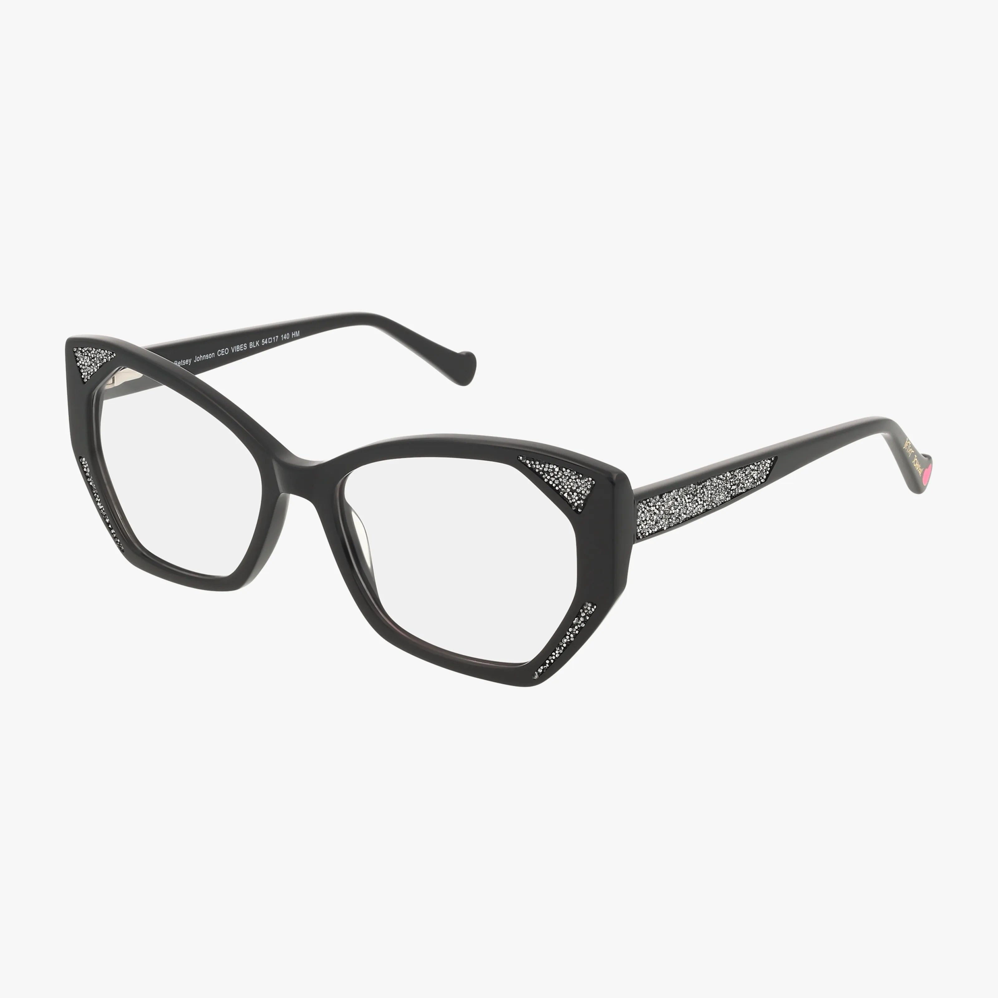 CEO VIBES black cat-eye eyeglasses with clear lenses and silver accents on the corners and temples bring a chic Betsey Johnson touch, shown against a white background.
