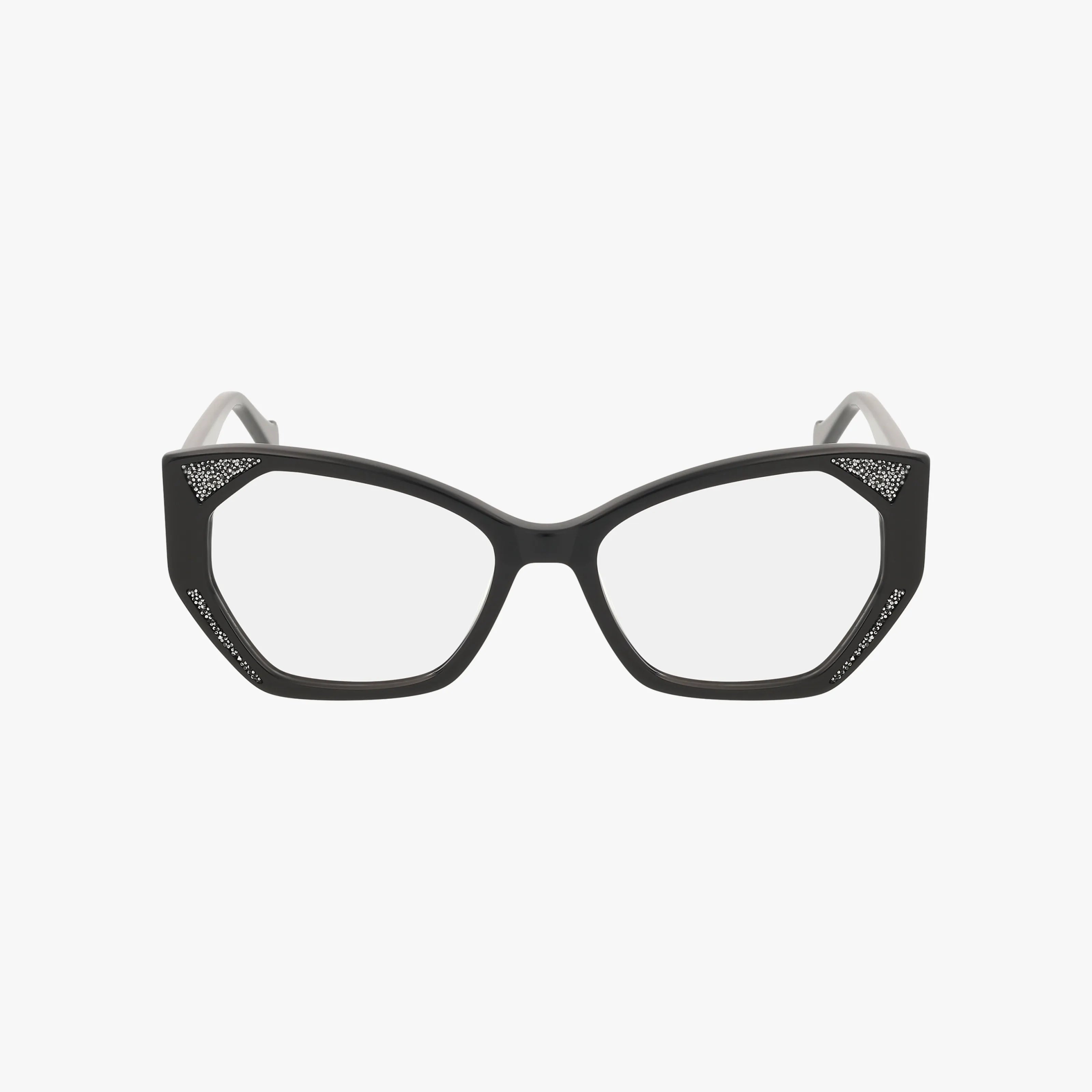 The CEO VIBES cat-eye eyeglass frames feature clear lenses and decorative silver studs on the corners for a touch of runway glam, all displayed against a plain white background.