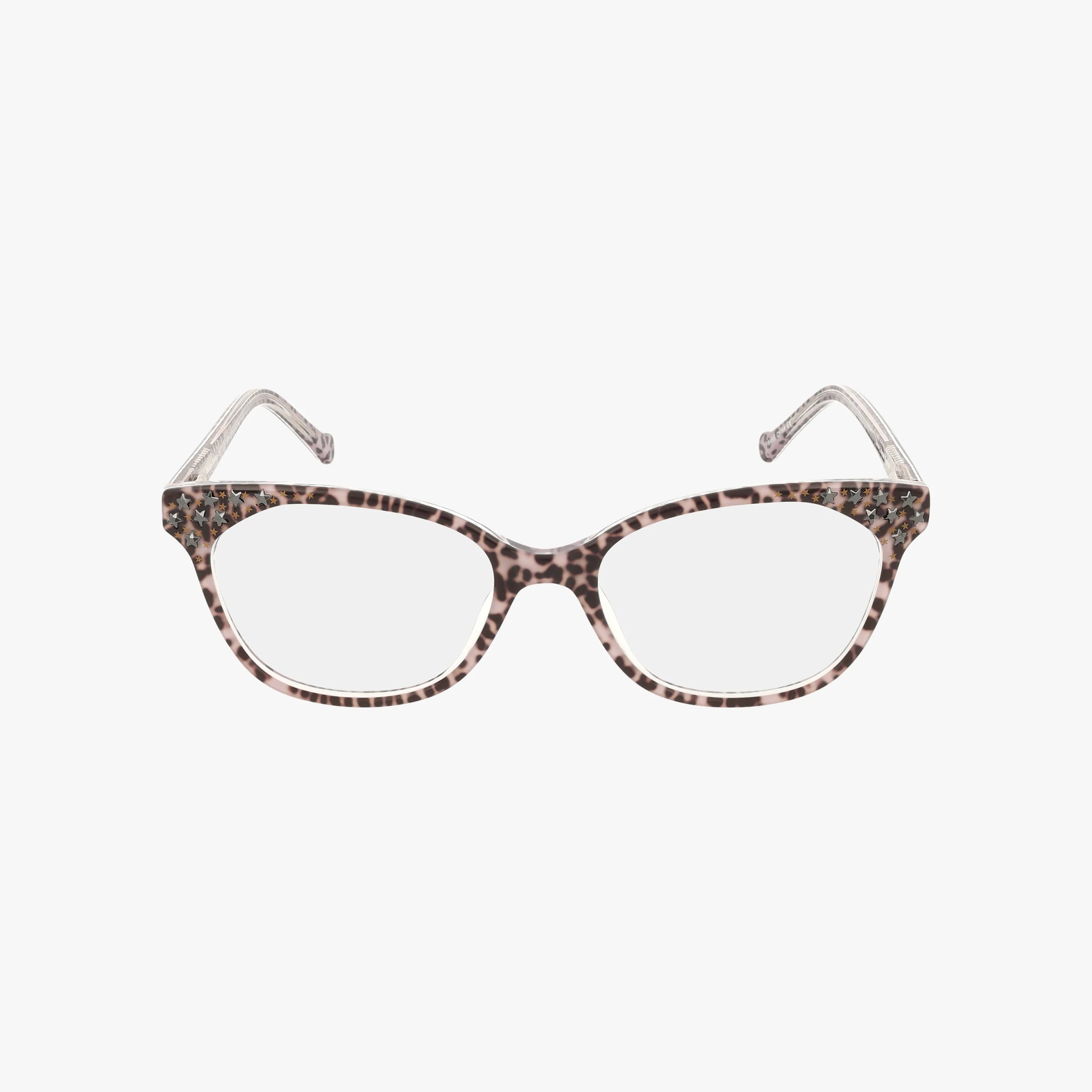 Betsey Johnson SPOTLIGHT cat-eye spectacles with bold brown and black leopard print frames, shown on a plain white background.