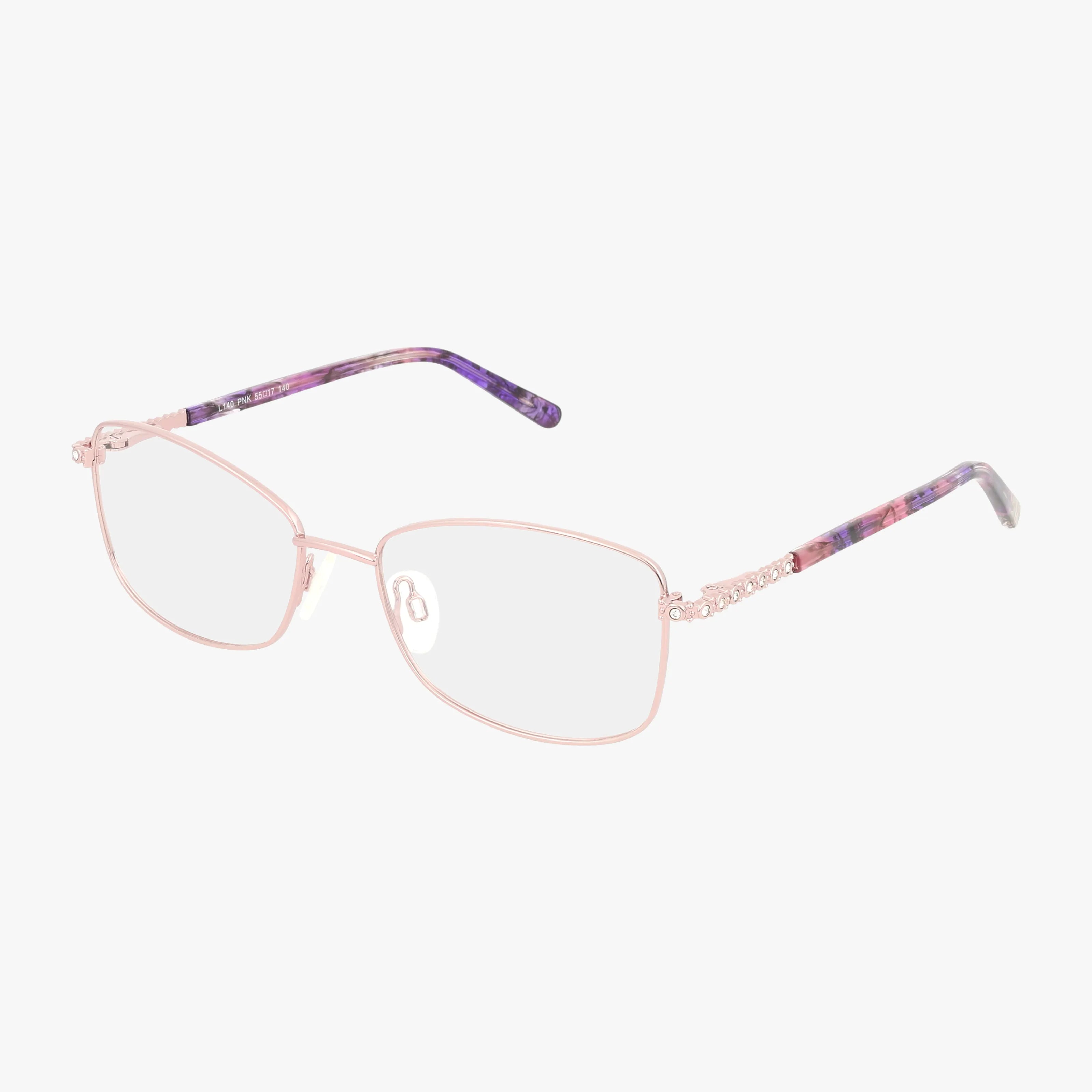 The L140 features comfortable glasses with light pink metal frames, clear lenses, and purple marbled temple arms with a silver accent. The tailored frame adds a modern touch, shown against a plain white background.