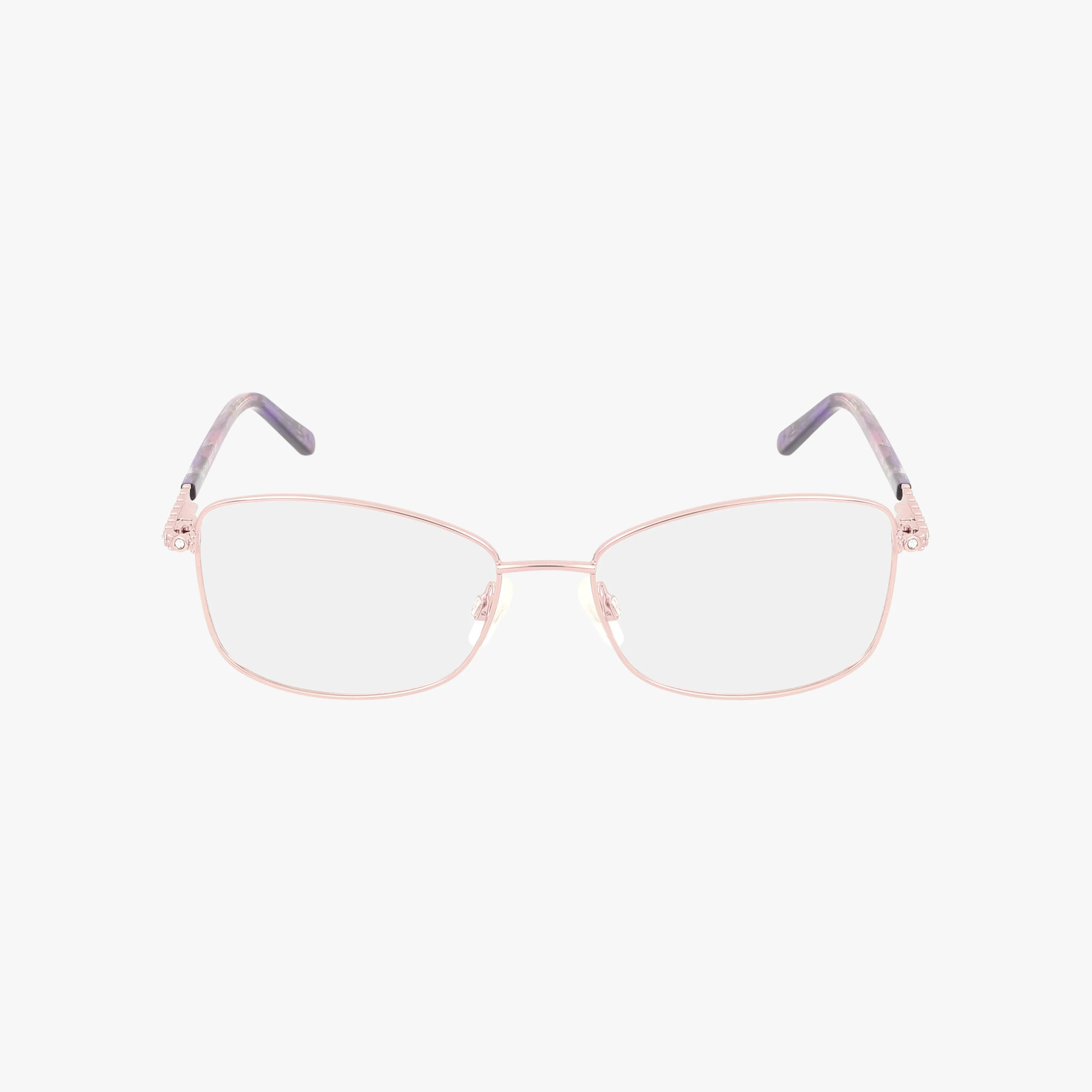 The L140 glasses feature thin, light pink metal rectangular frames with tailored temples in a slightly darker shade and clear tips, displayed against a plain white background.