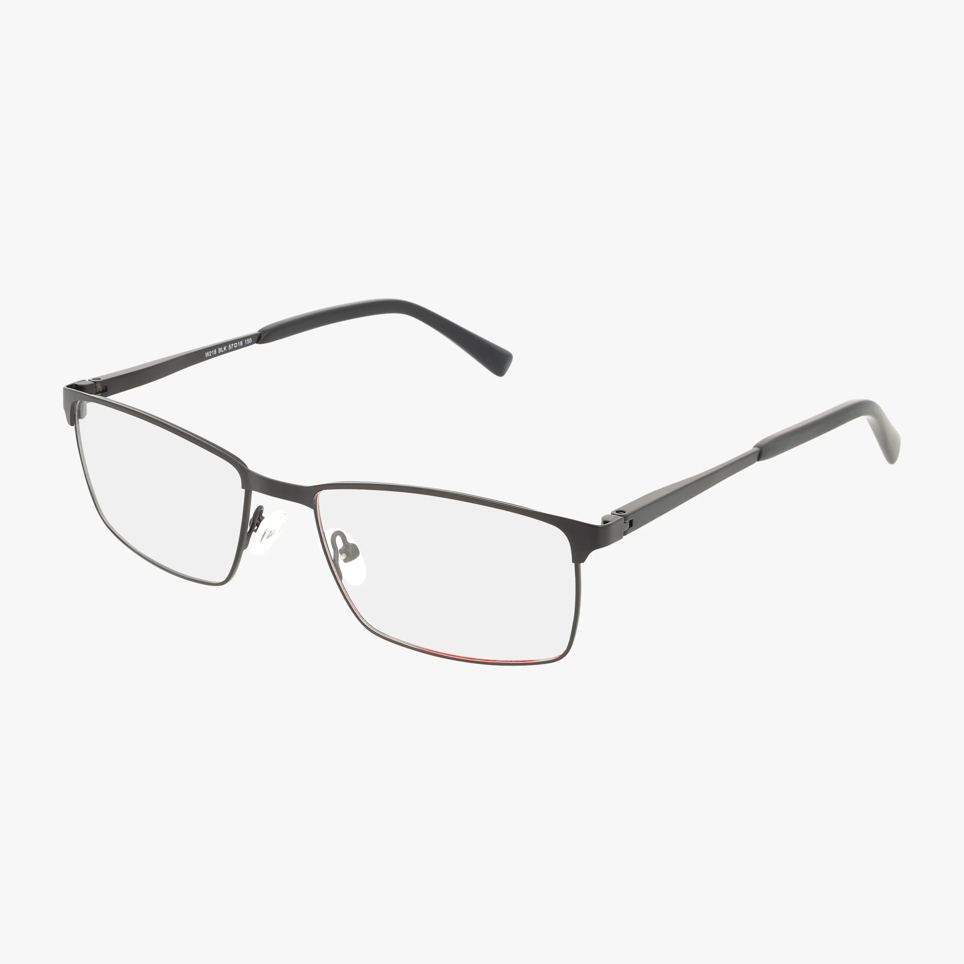 The W218 is a pair of rectangular, thin-framed eyeglasses with black metal rims and clear lenses, featuring a lightweight frame, shown against a plain white background.