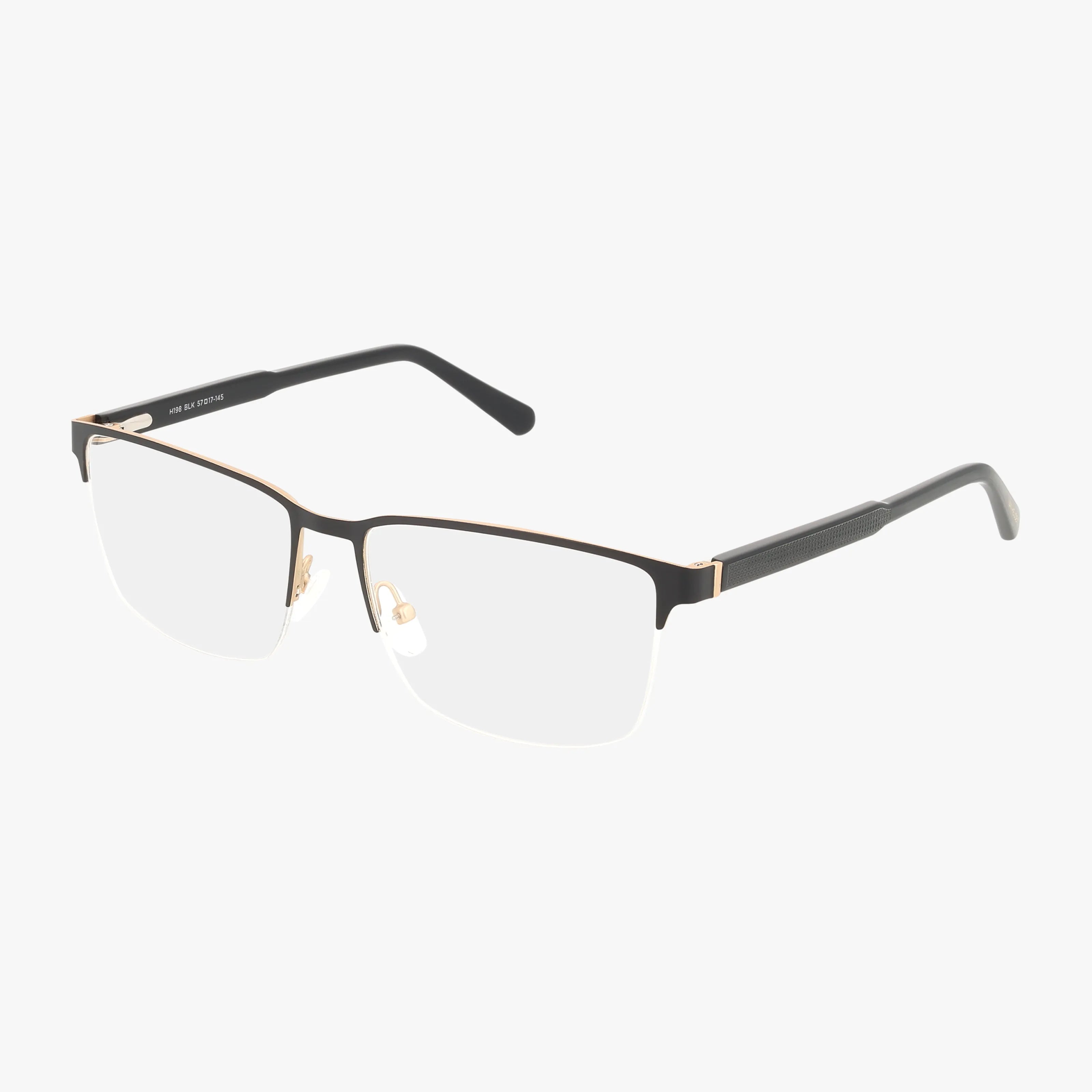 The H198 is a pair of semi-rimless eyeglasses with a thin black and gold metal frame, clear prescription lenses, and black temple arms, displayed on a white background.