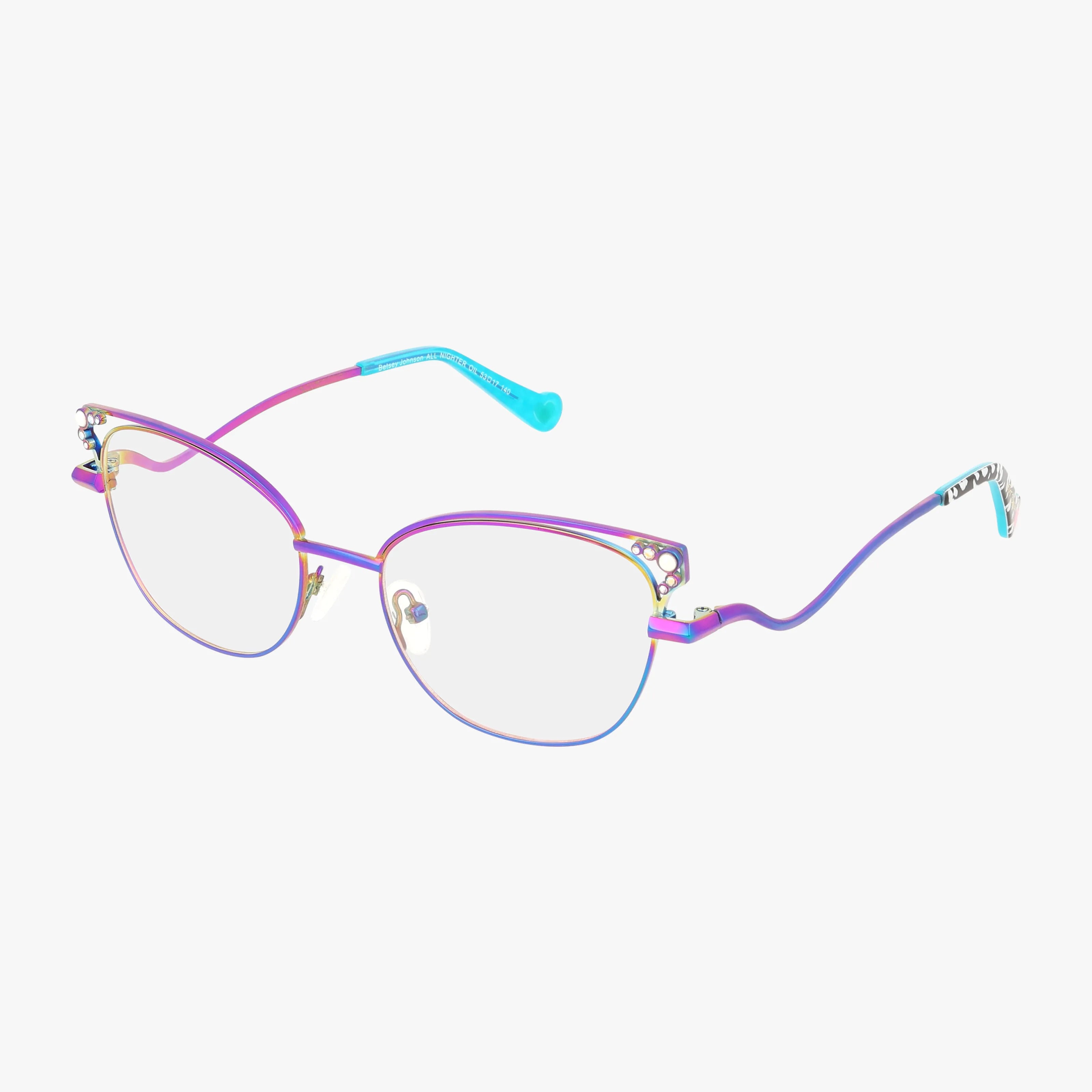 The ALL NIGHTER features colorful cat-eye Betsey Johnson glasses with thin, gradient retro frames in pink, purple, and gold, plus decorative corner cutouts and wavy arms—all set against a white background for a unique style.