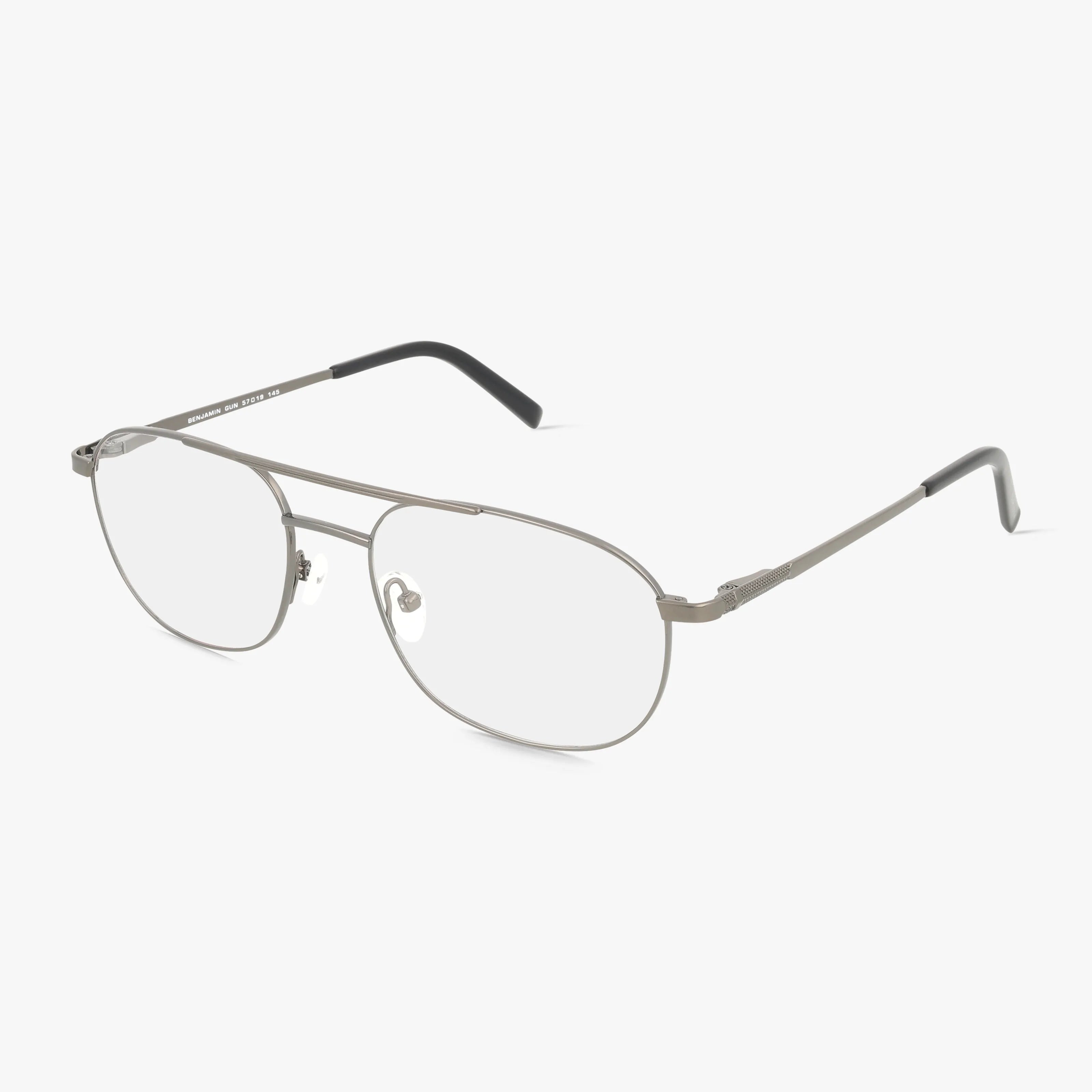 The BENJAMIN eyeglasses feature a sleek silver metal frame, clear lenses, adjustable nose pads, black-tipped temples, and a lightweight design, shown on a white background.
